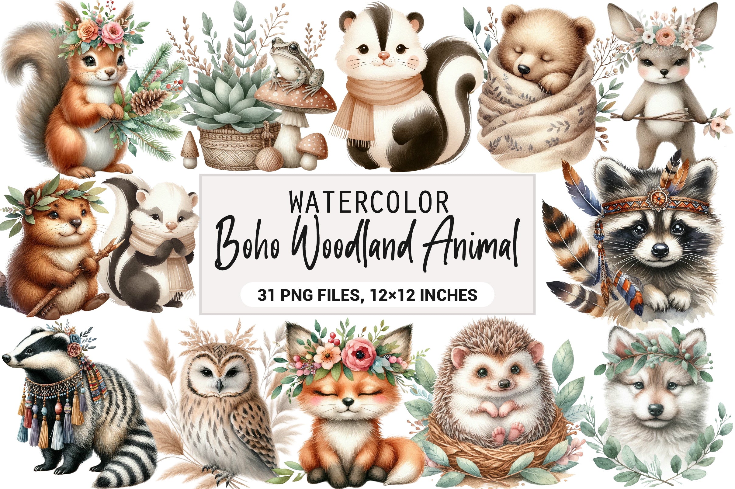 Boho Woodland Animal Clipart Bundle