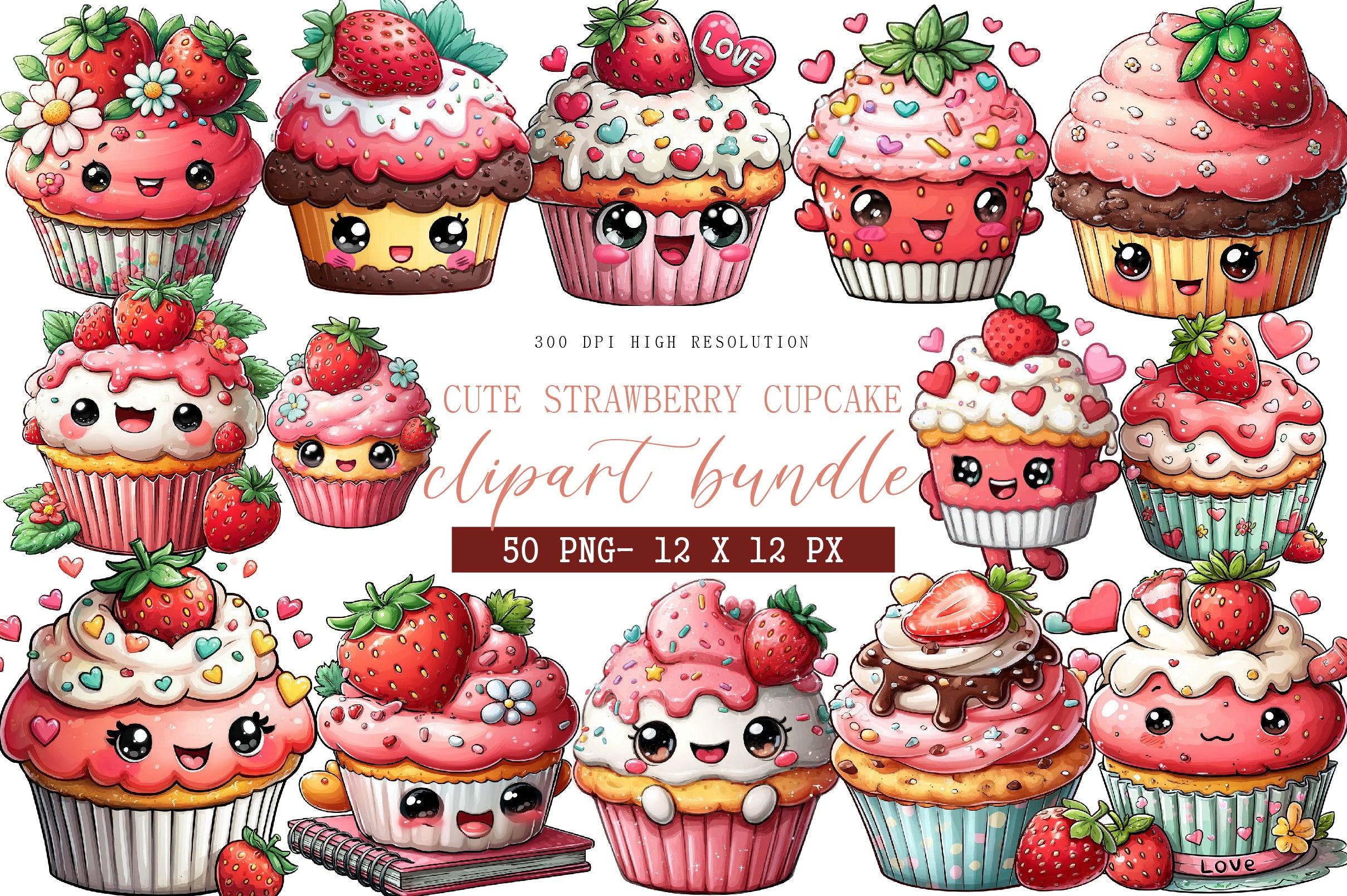 Cute Strawberry Cupcake Clipart Bundle