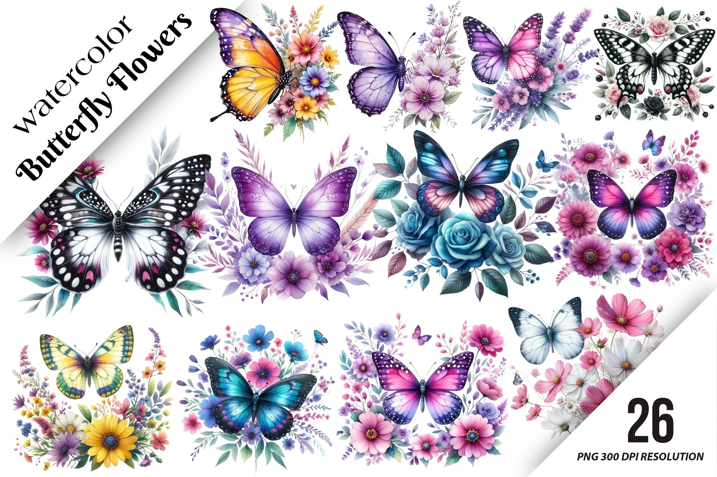 Butterfly Flowers Clipart Bundle - CraftNest - Digital Crafting and Art