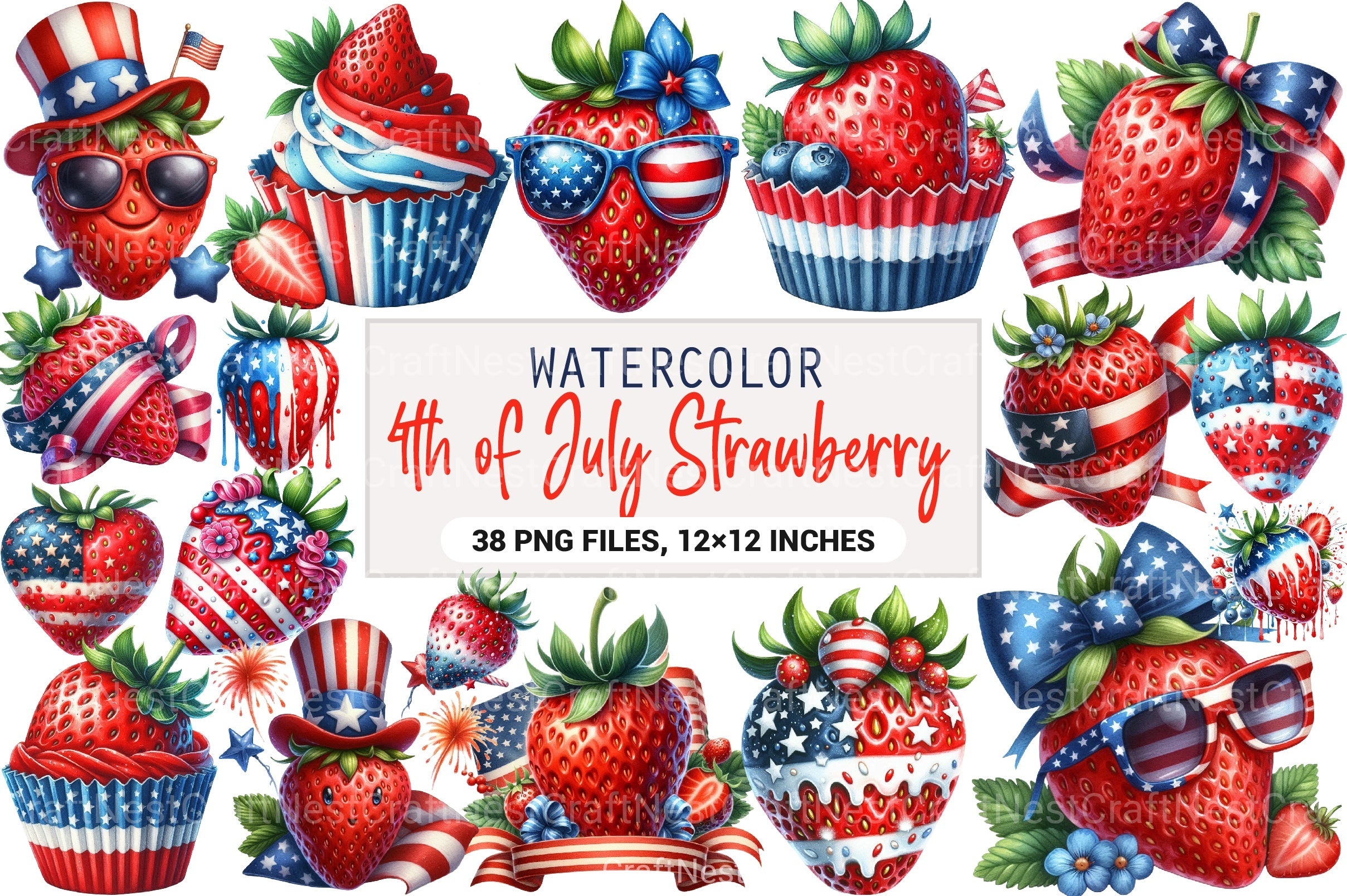 4th of July Strawberry Clipart Bundle - CraftNest - Digital Crafting and Art