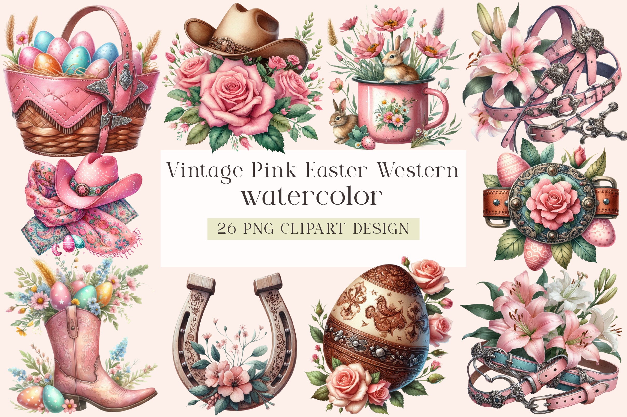 Vintage Pink Easter Western Clipart Bundle