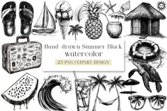 Hand Drawn Summer Black Clipart Bundle - CraftNest - Digital Crafting and Art