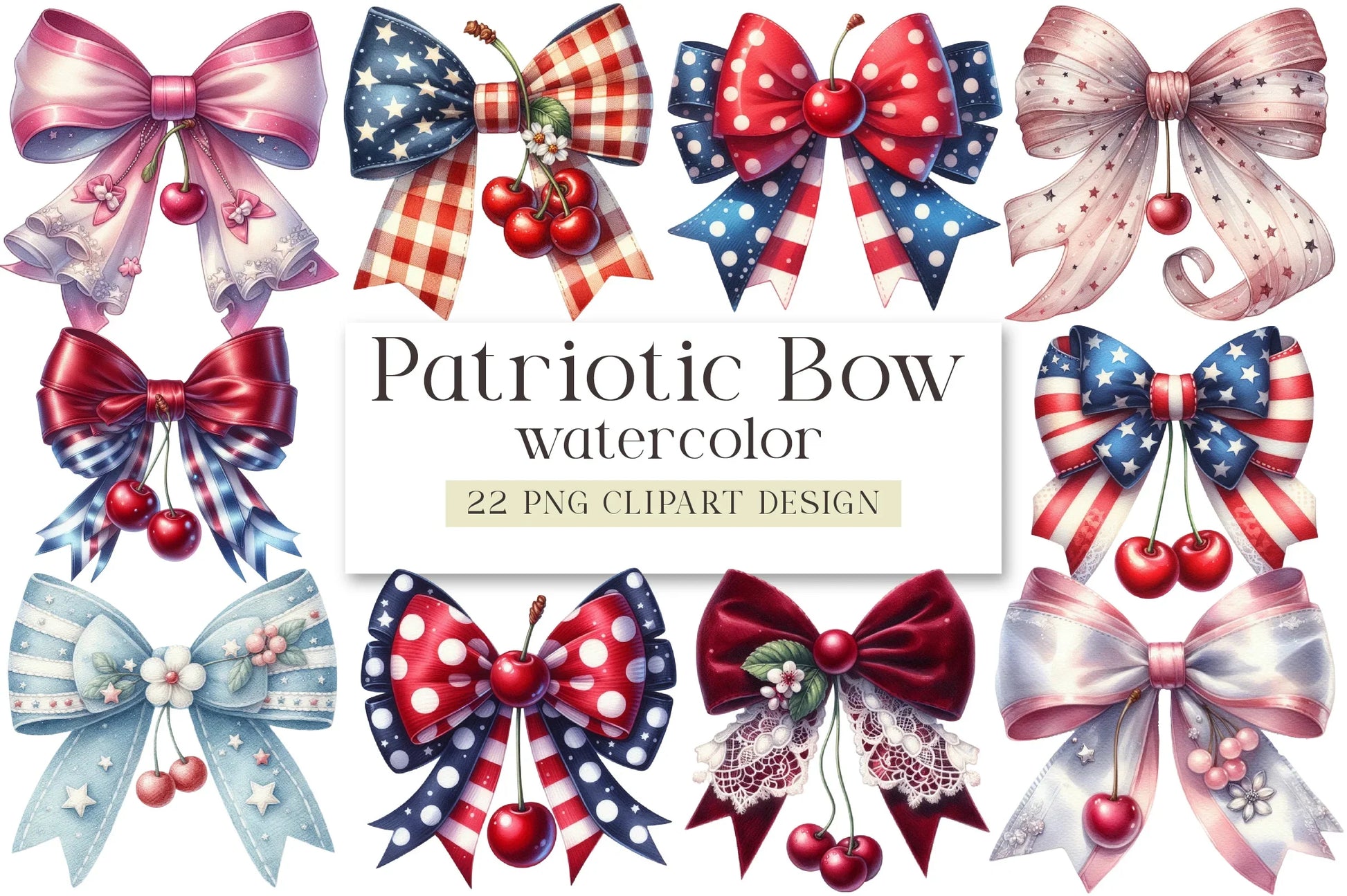 Patriotic Cherry Coquette Bow Clipart Bundle - CraftNest - Digital Crafting and Art