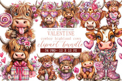 Valentine Cowboy Highland Cows Clipart Bundle - CraftNest - Digital Crafting and Art