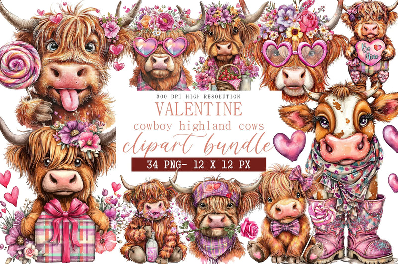 Valentine Cowboy Highland Cows Clipart Bundle - CraftNest - Digital Crafting and Art