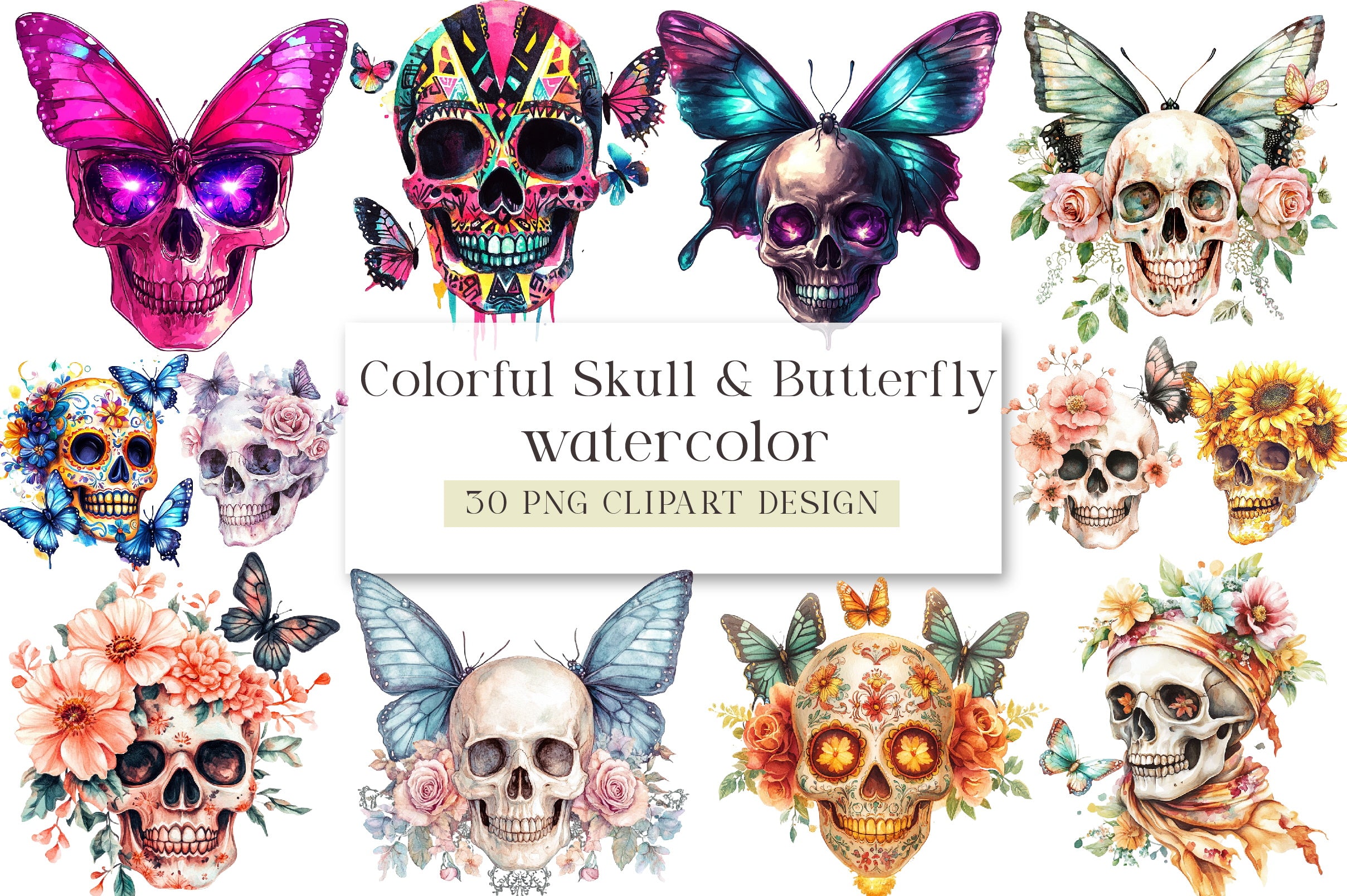 Colorful Skull & Butterfly Clipart Bundle