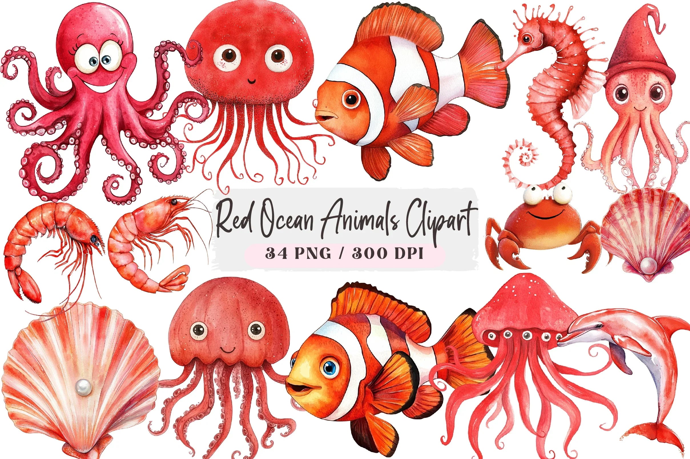 Red Ocean Animals Clipart Bundle - CraftNest - Digital Crafting and Art