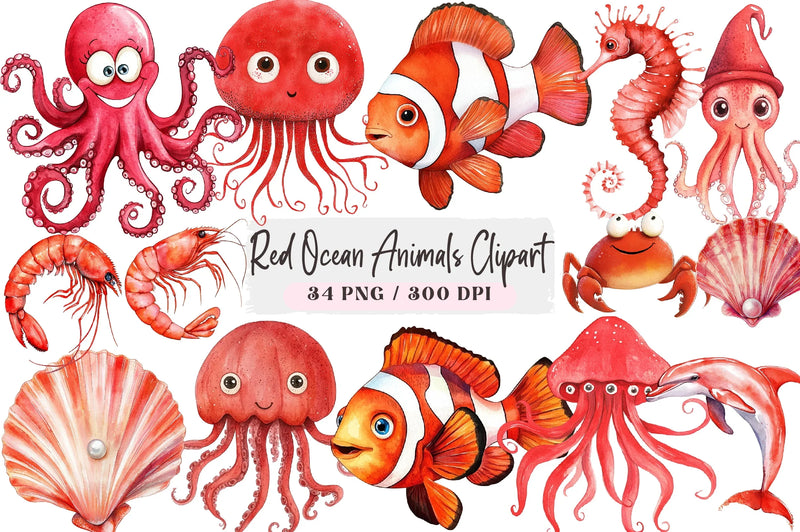 Red Ocean Animals Clipart Bundle - CraftNest - Digital Crafting and Art