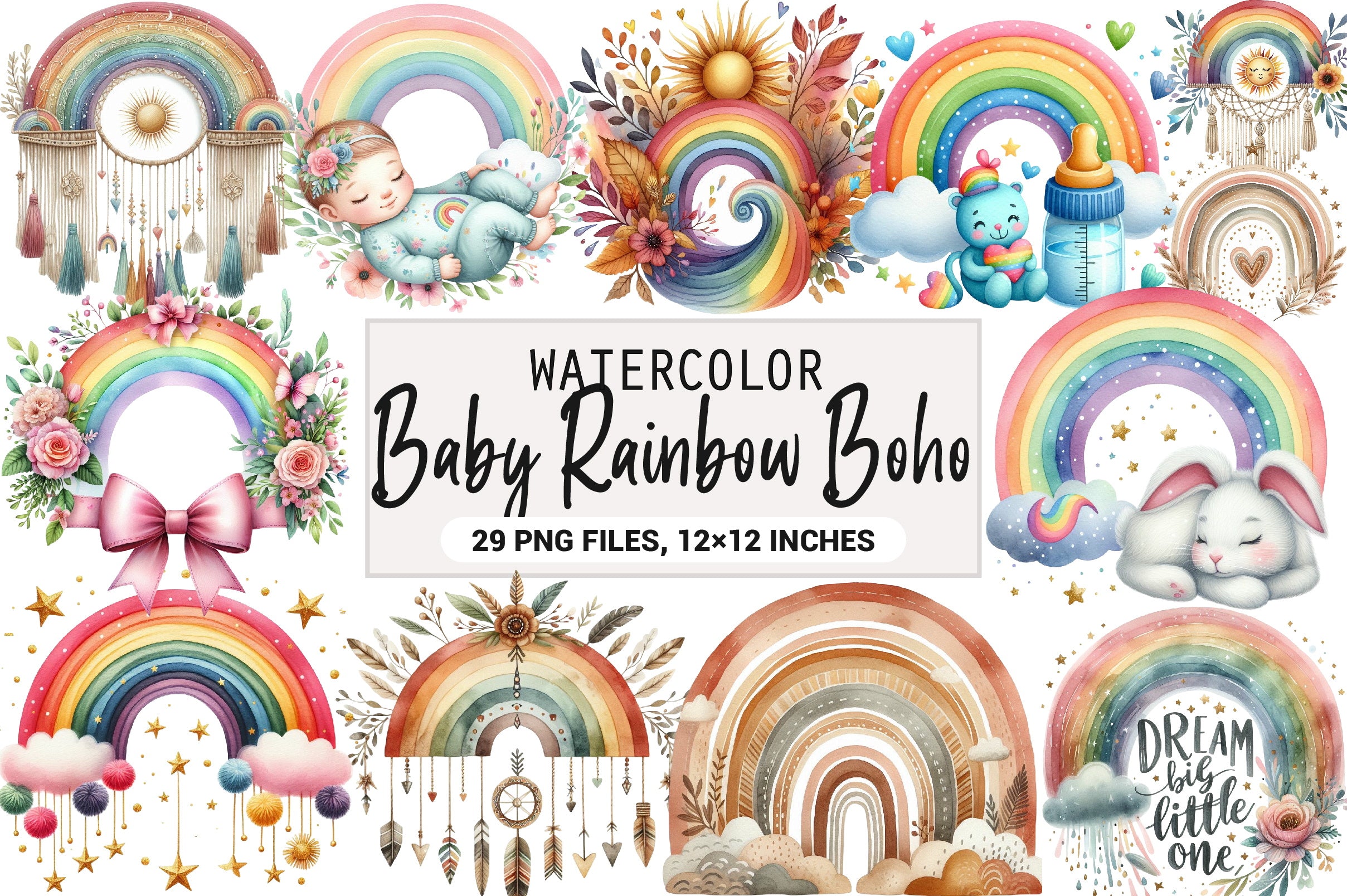 Baby Rainbow Boho Clipart Bundle