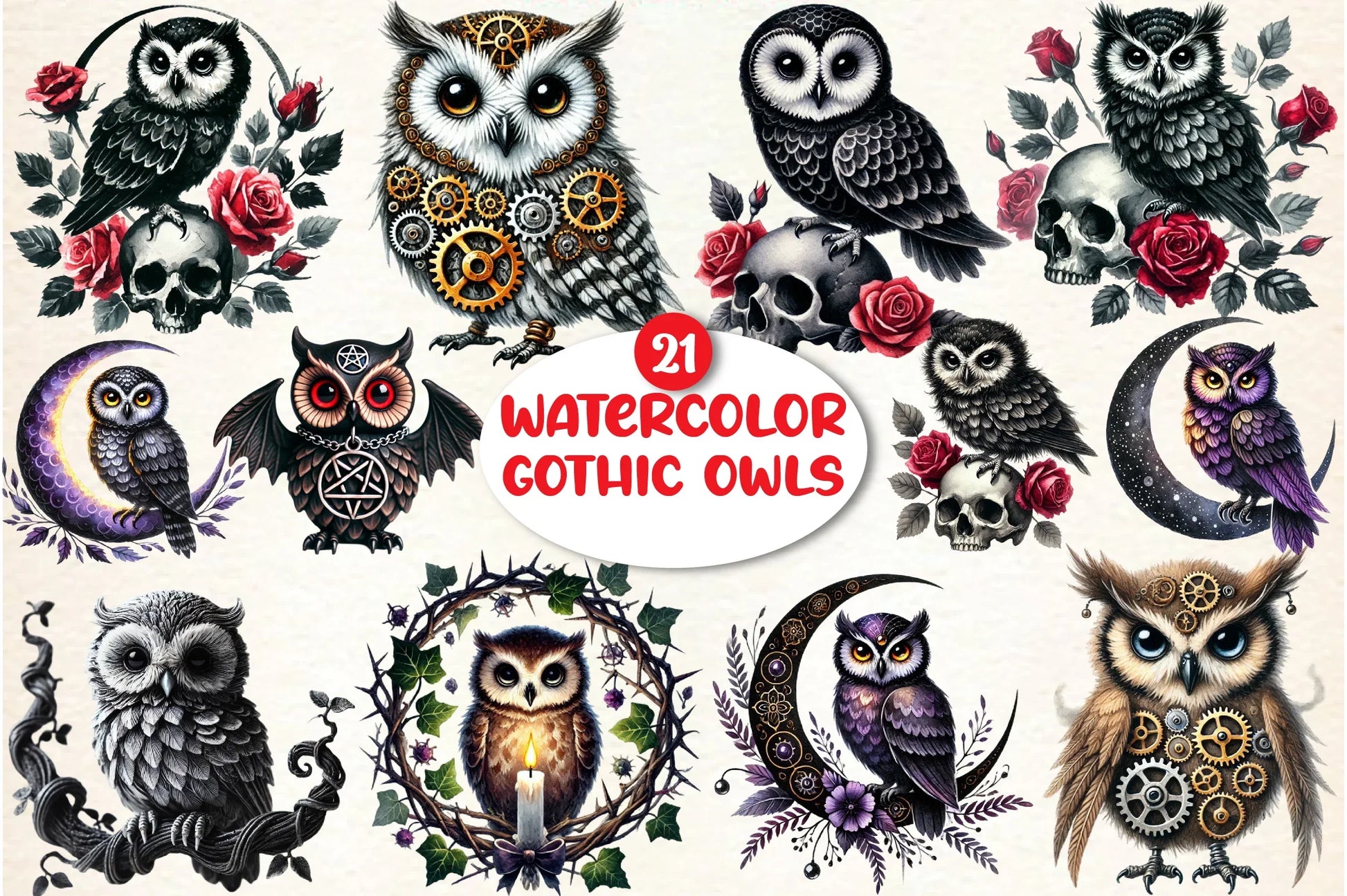 Gothic Owls Clipart Bundle - CraftNest - Digital Crafting and Art