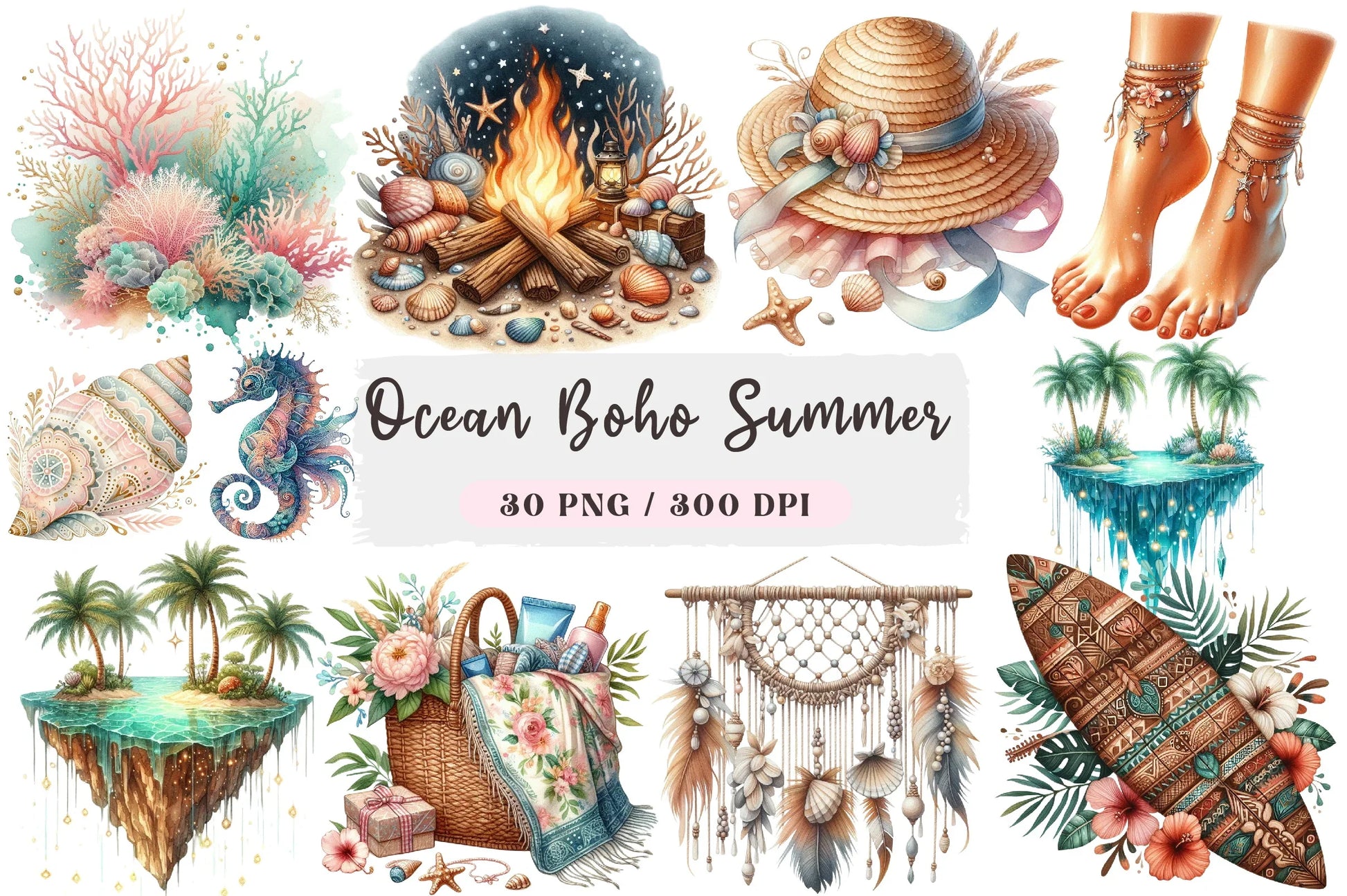 Ocean Boho Summer Clipart Bundle - CraftNest - Digital Crafting and Art