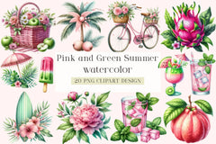 Pink and Green Summer Clipart Bundle - CraftNest - Digital Crafting and Art
