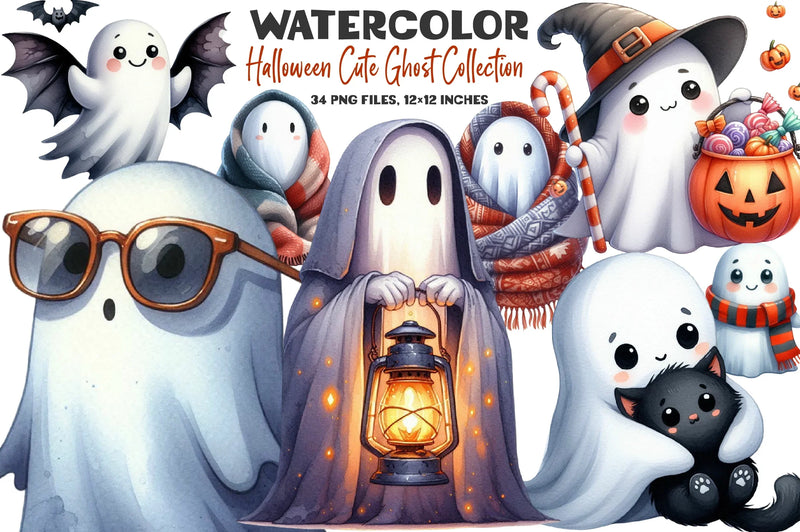 Halloween Cute Ghost Clipart Collection Bundle - CraftNest - Digital Crafting and Art