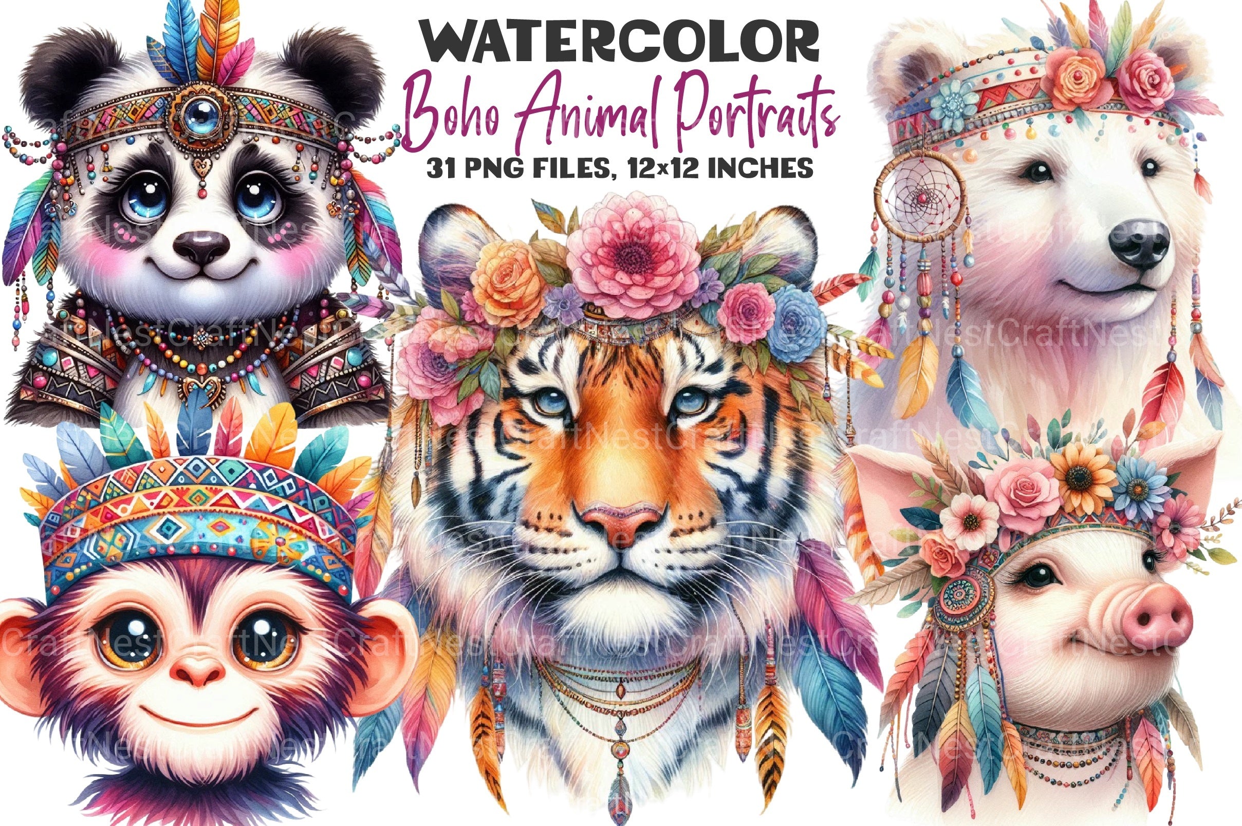 Boho Animal Portraits Clipart Bundle - CraftNest - Digital Crafting and Art