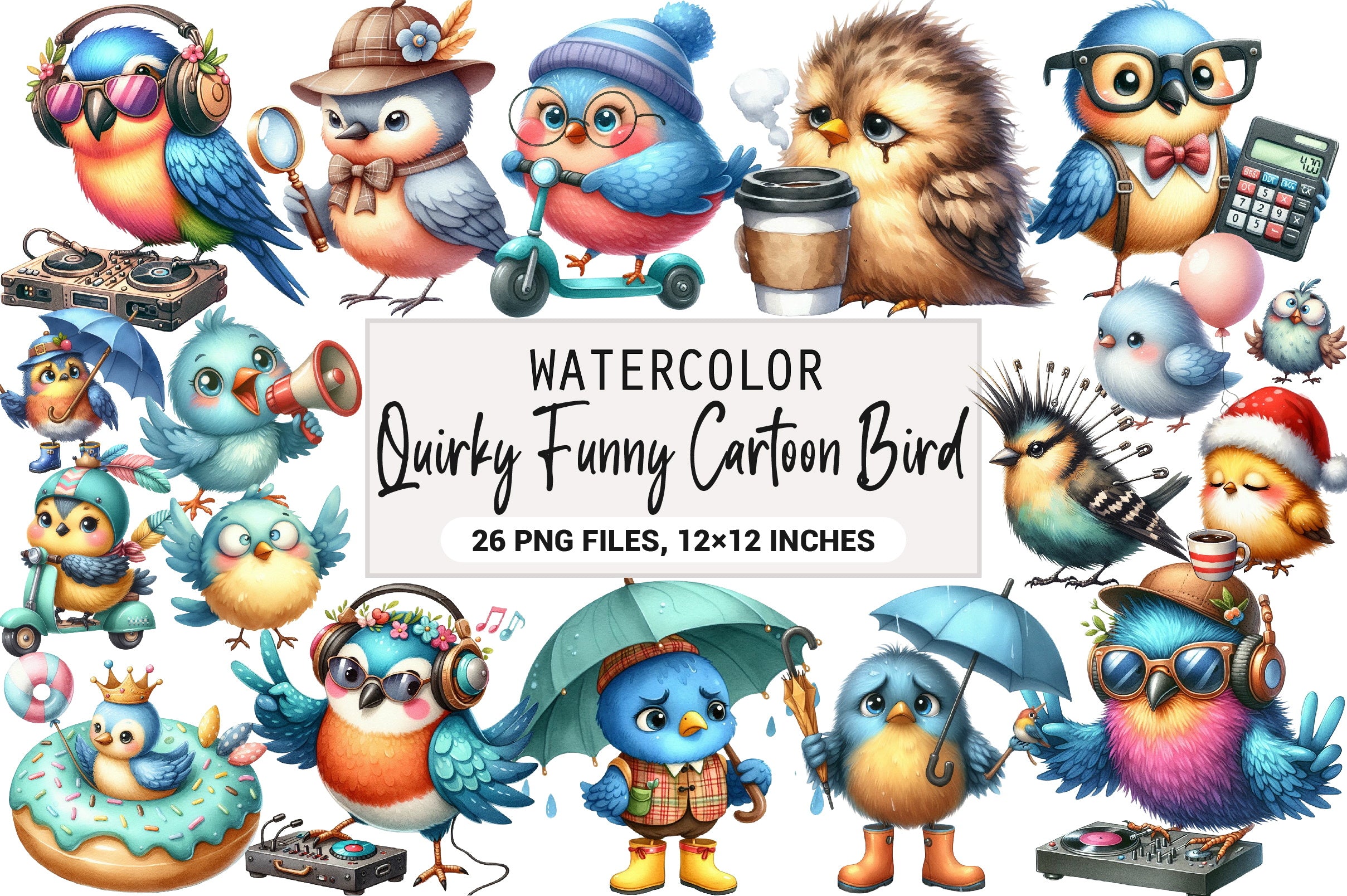 Quirky Funny Cartoon Bird Clipart Bundle