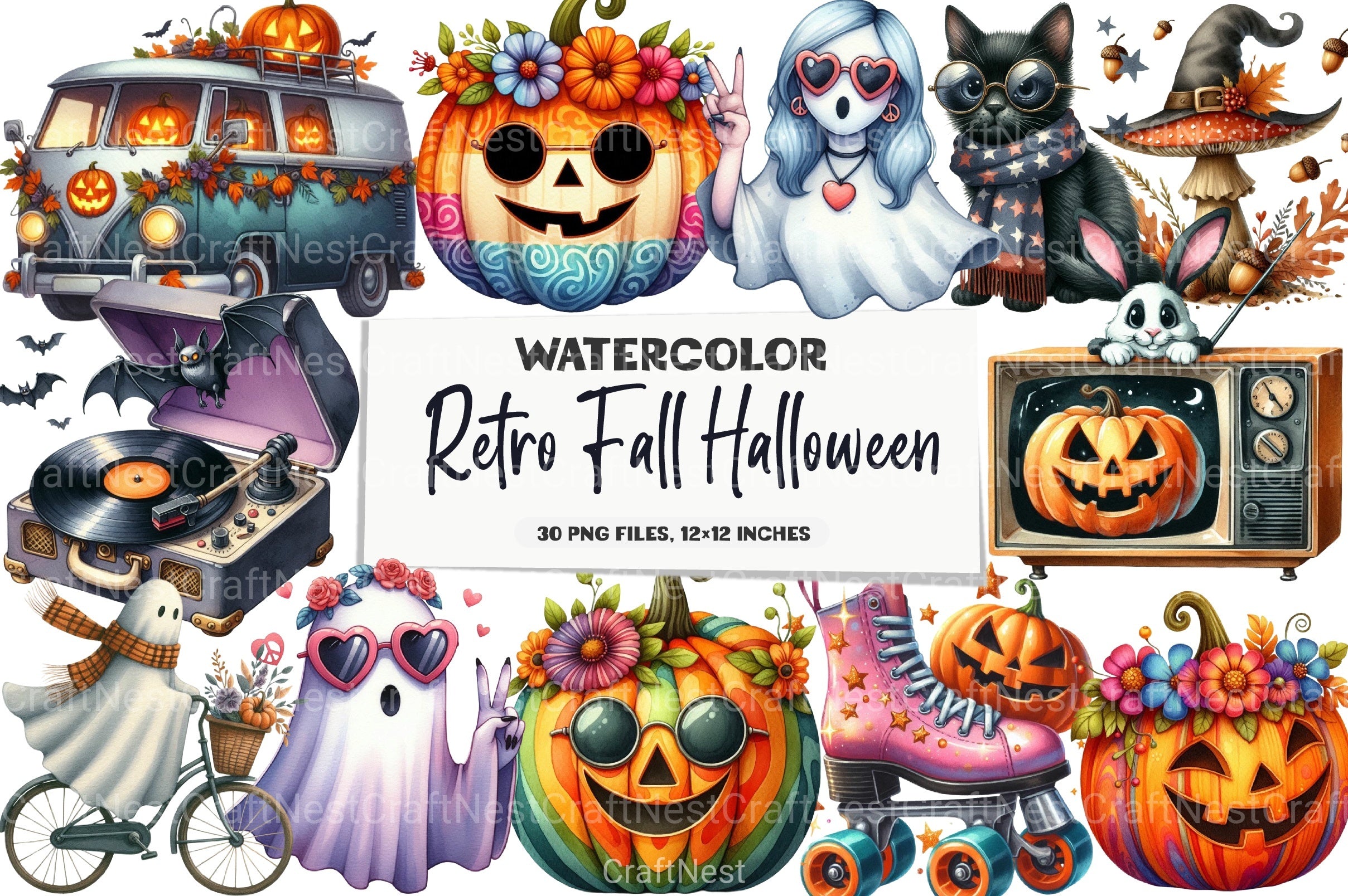 Retro Fall Halloween Clipart Bundle 77 - CraftNest - Digital Crafting and Art