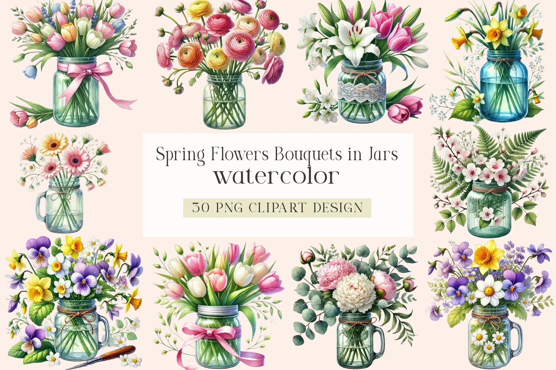 Spring Flower Bouquets in Jars Clipart Bundle - CraftNest - Digital Crafting and Art