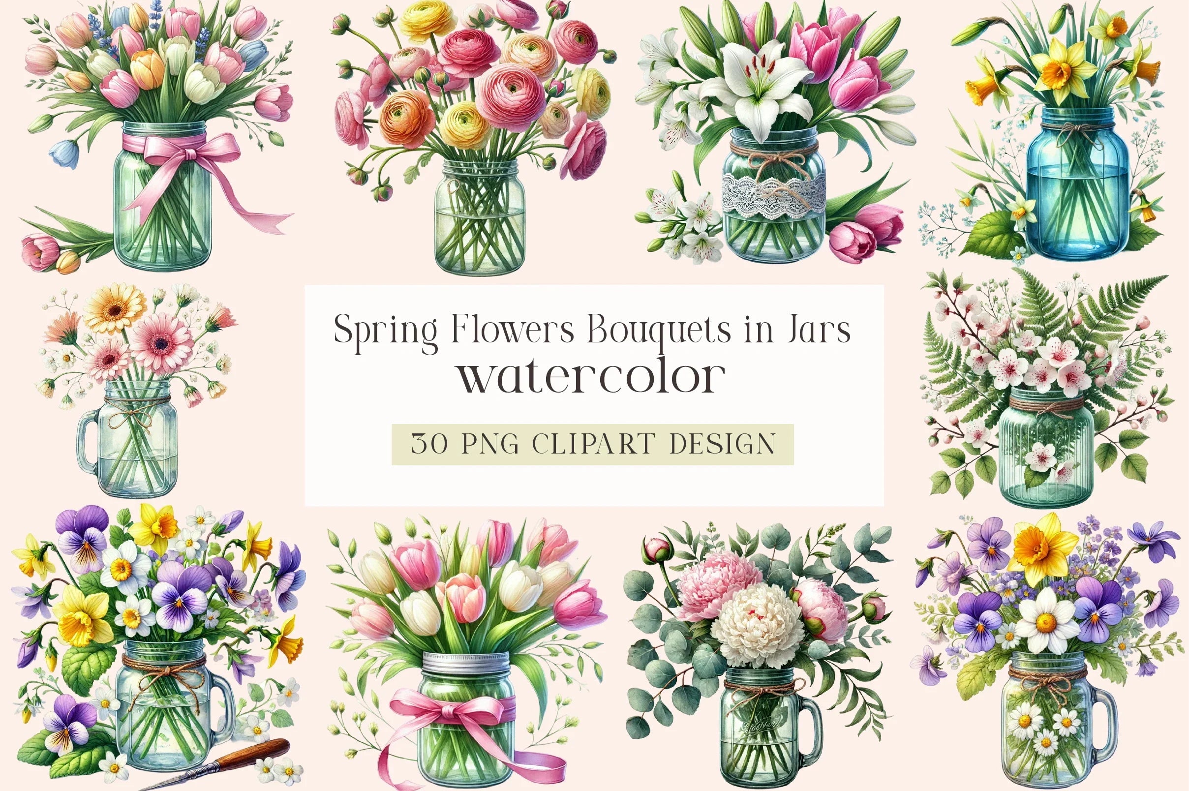 Spring Flower Bouquets in Jars Clipart Bundle - CraftNest - Digital Crafting and Art
