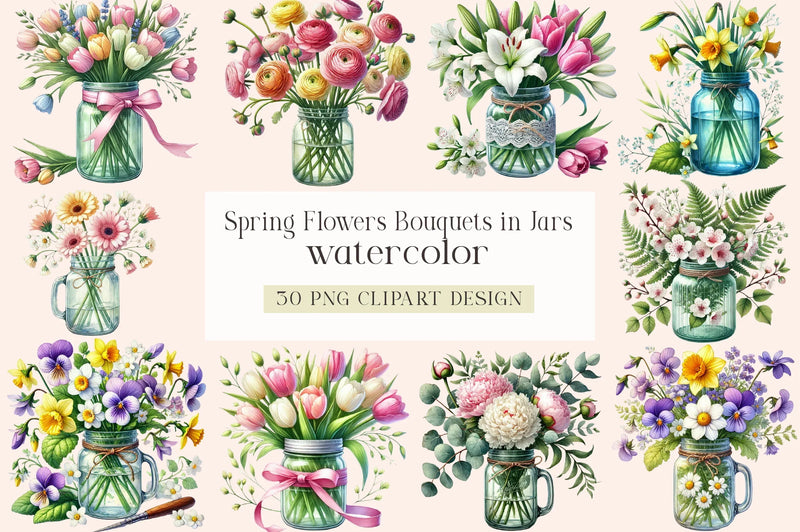 Spring Flower Bouquets in Jars Clipart Bundle - CraftNest - Digital Crafting and Art