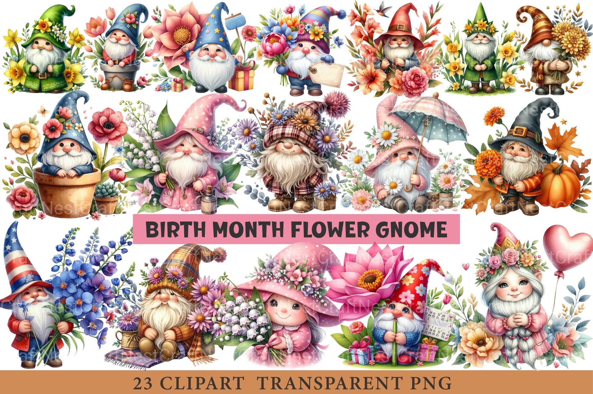 Birth Month Flower Gnome Clipart - CraftNest - Digital Crafting and Art