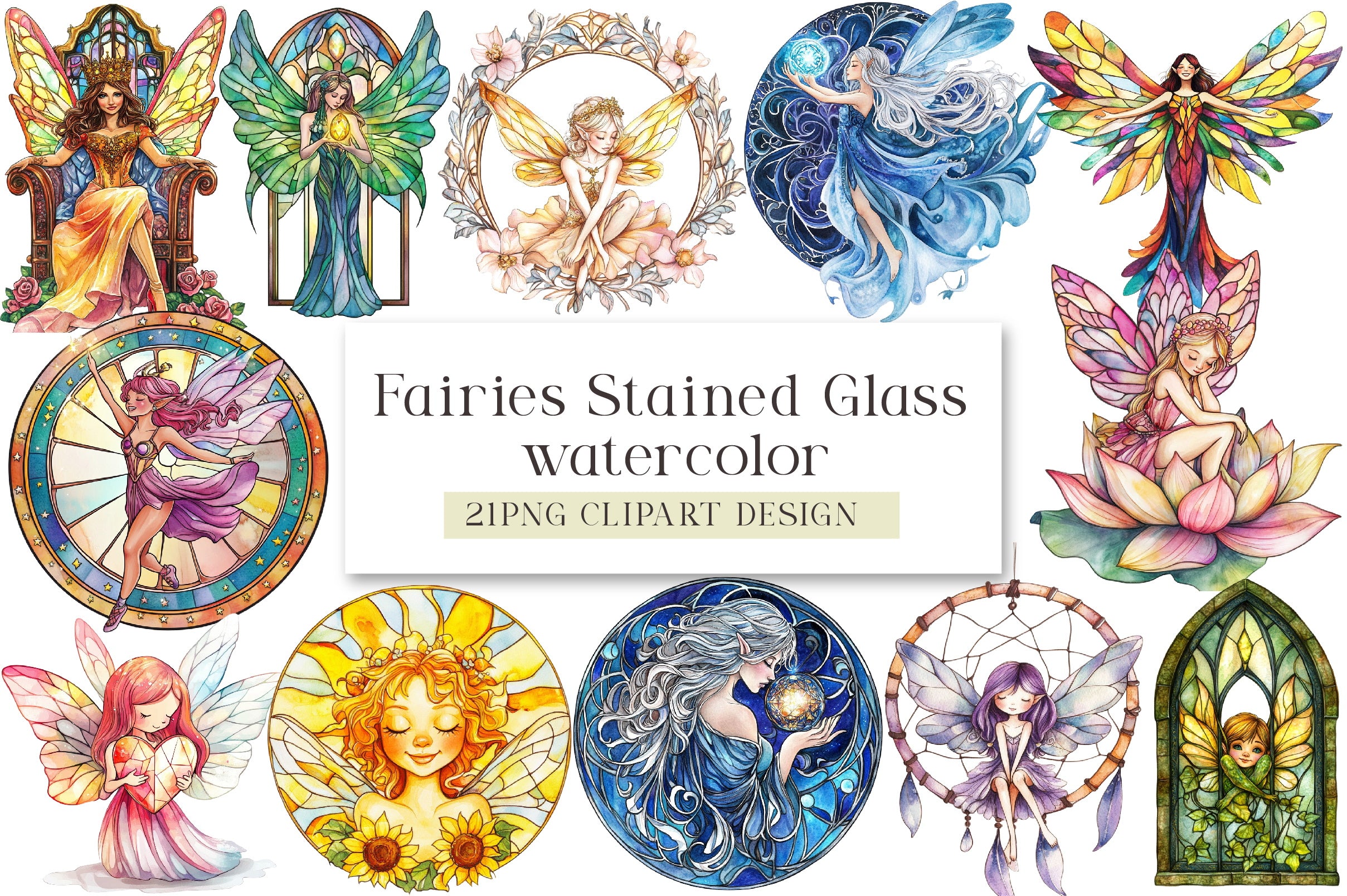 Fairies Stained Glass Clipart Bundle