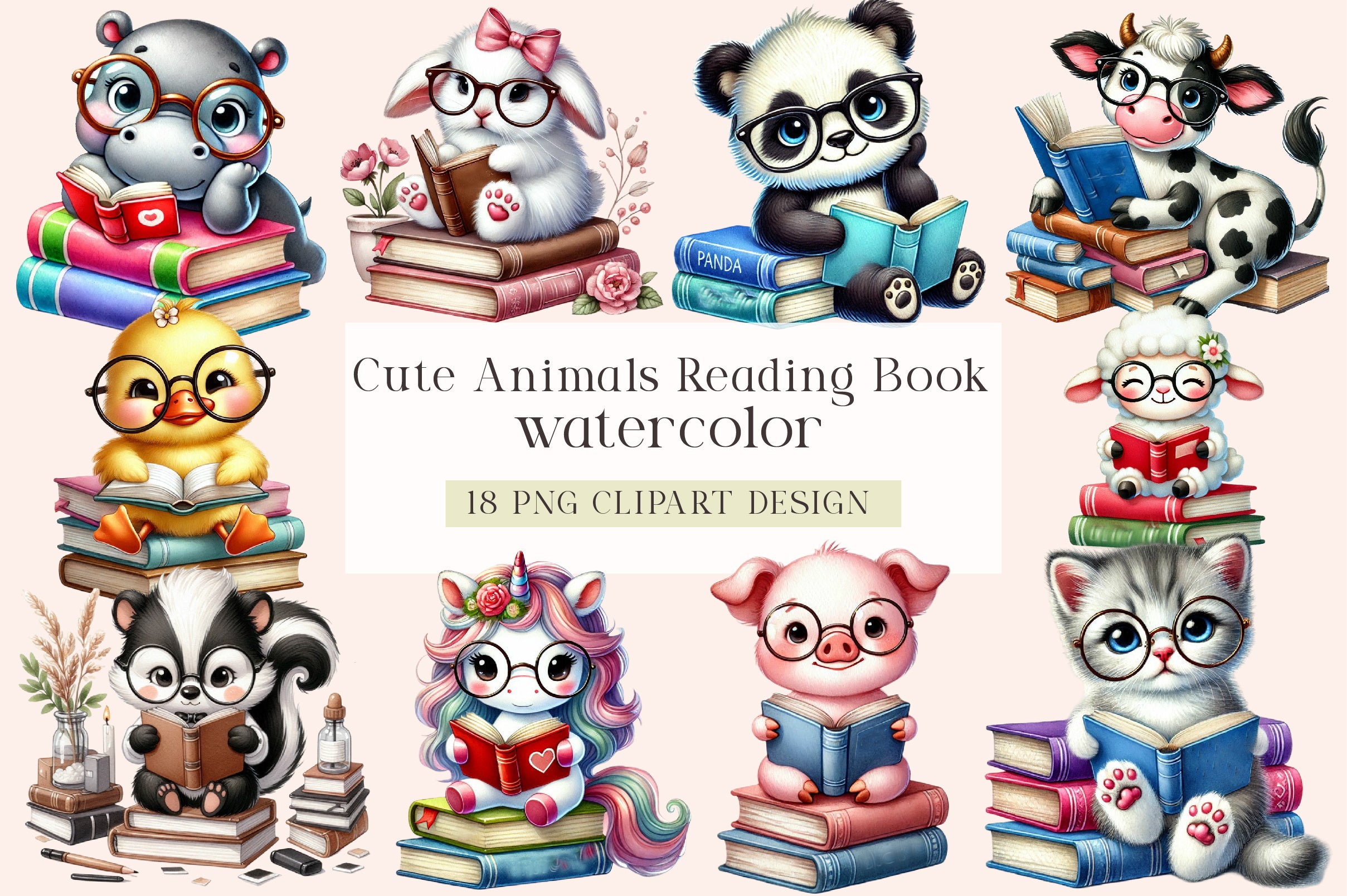 Cute Animals Reading Book Clipart Bundle