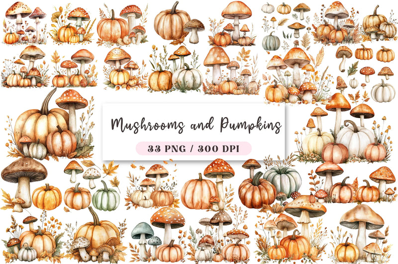 Mushrooms & Pumpkins Autumn Clipart Bundle - CraftNest - Digital Crafting and Art