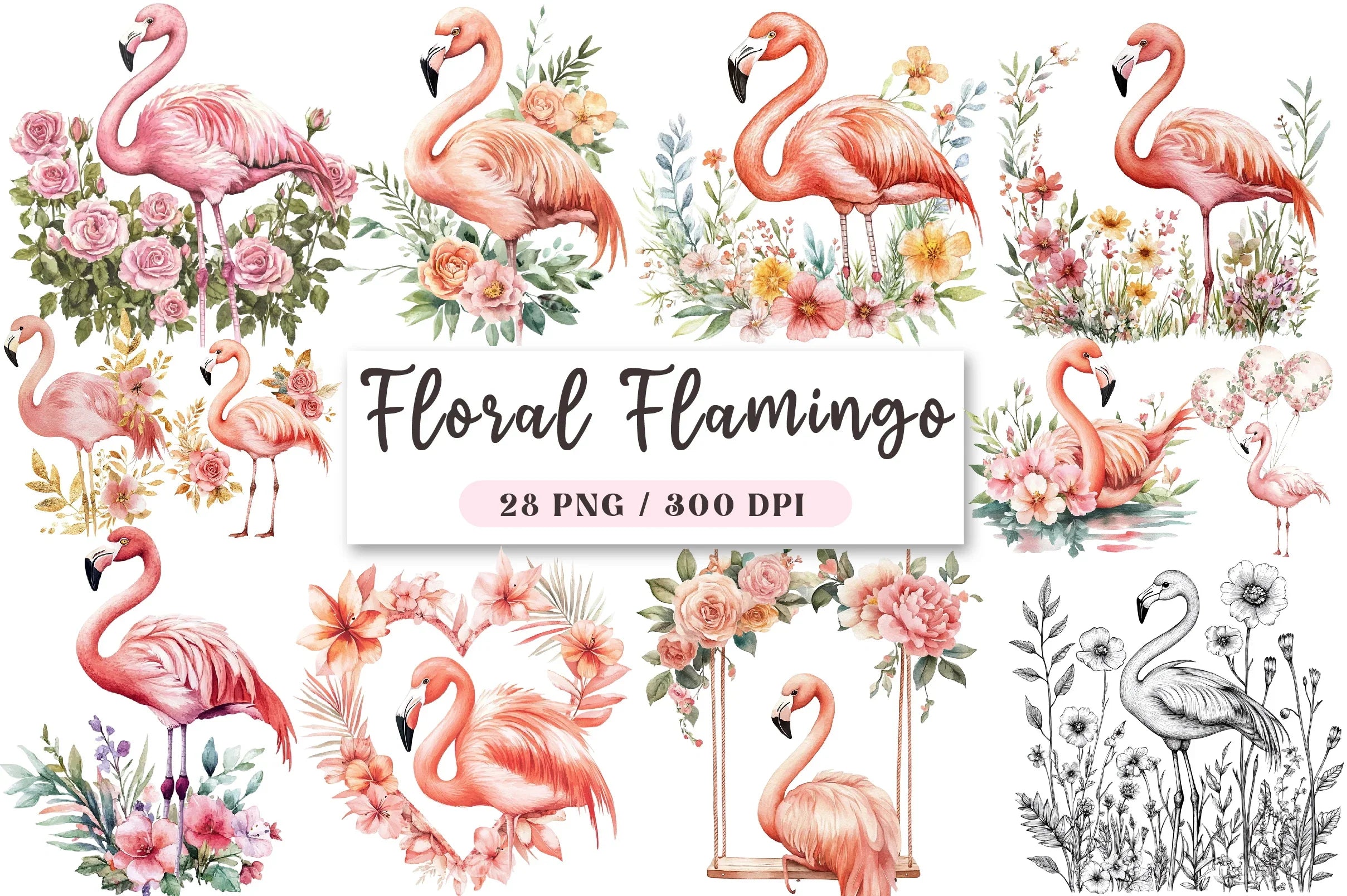 Floral Flamingo Clipart Bundle - CraftNest - Digital Crafting and Art