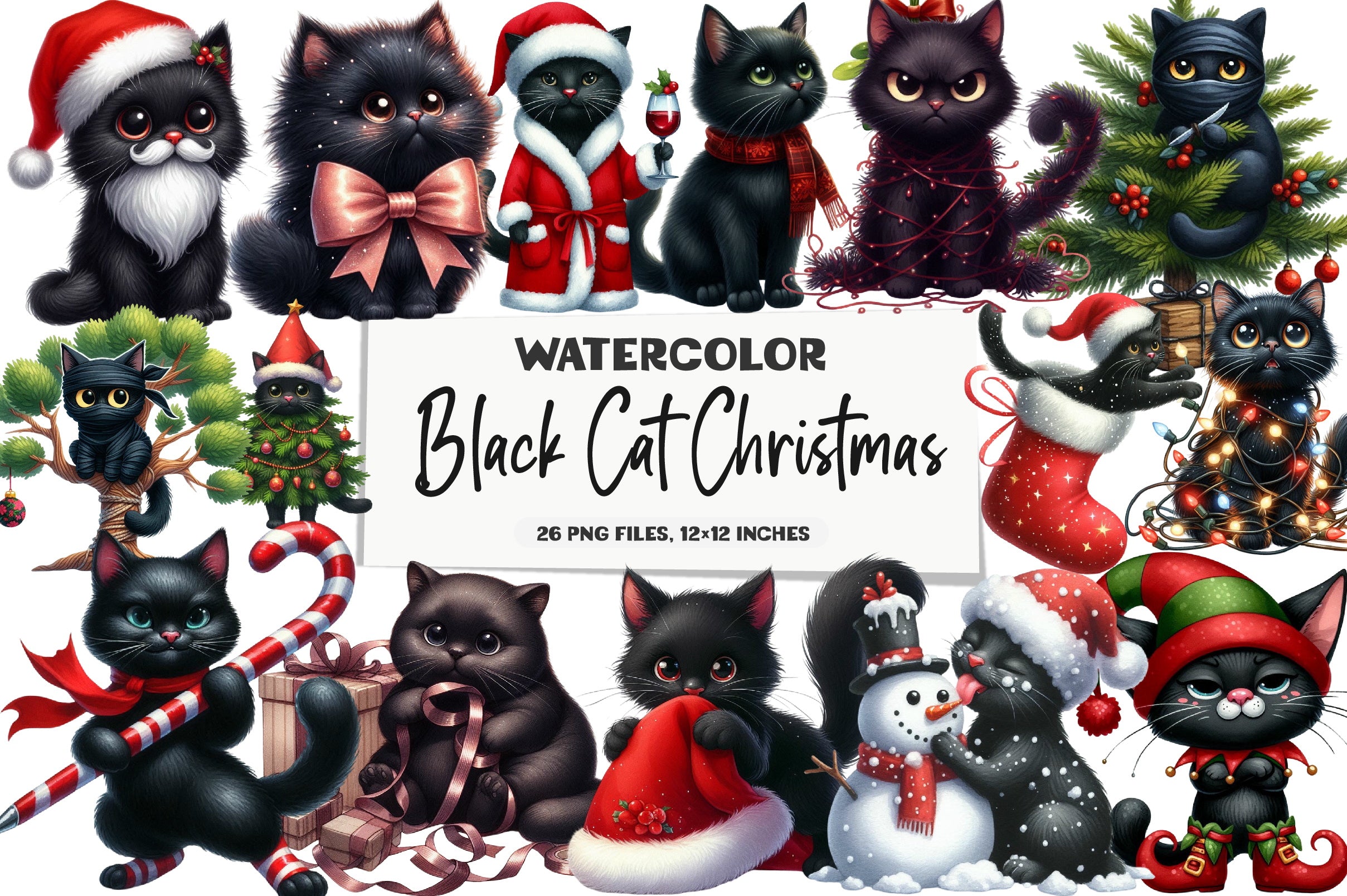 Christmas Black Cat Funny Clipart Bundle