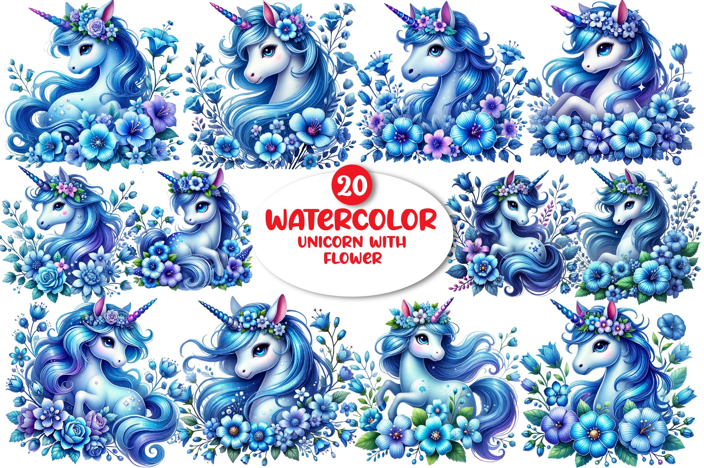 Unicorn Flower Clipart Bundle