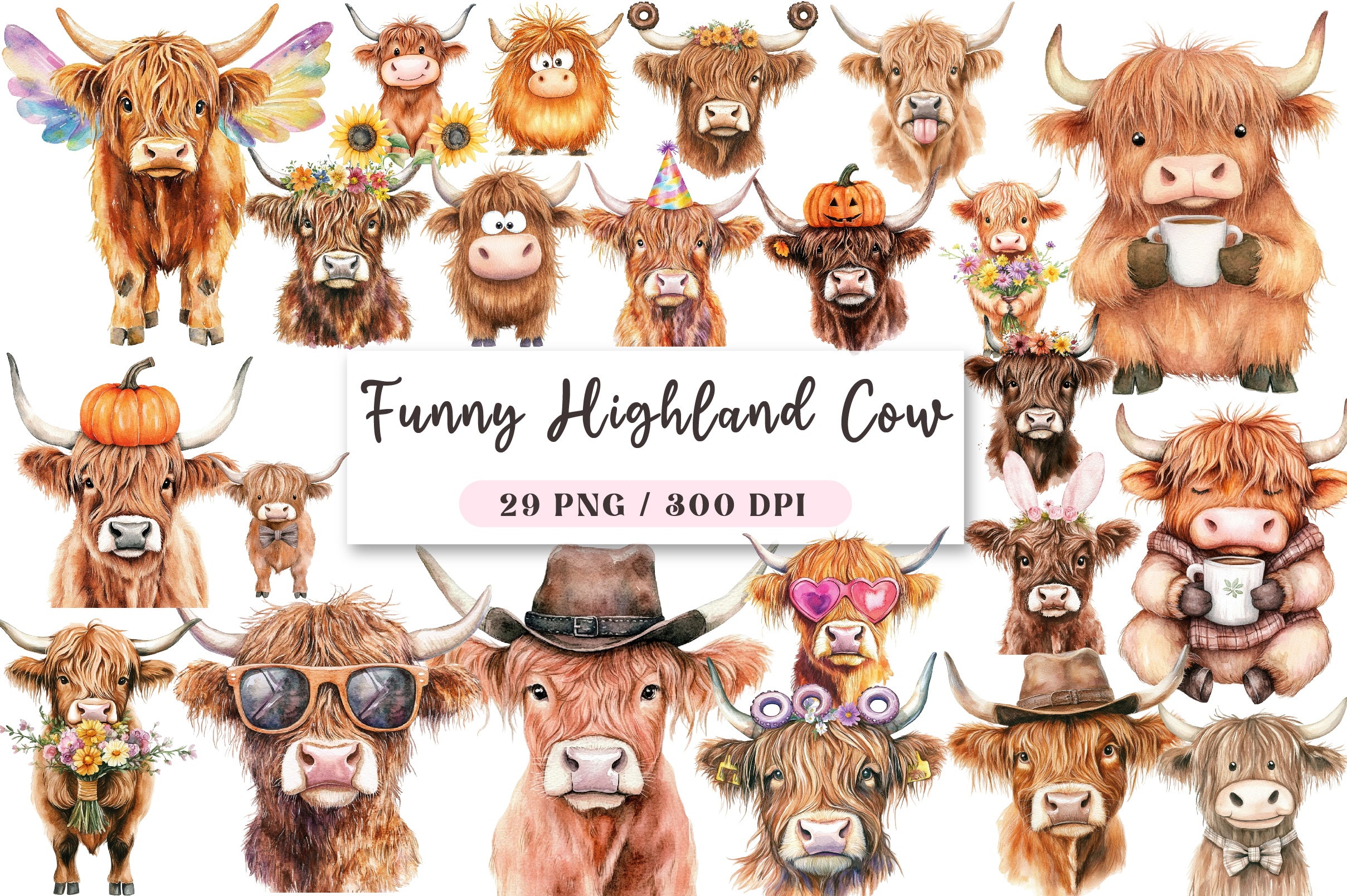 Funny Highland Cow Clipart Bundle