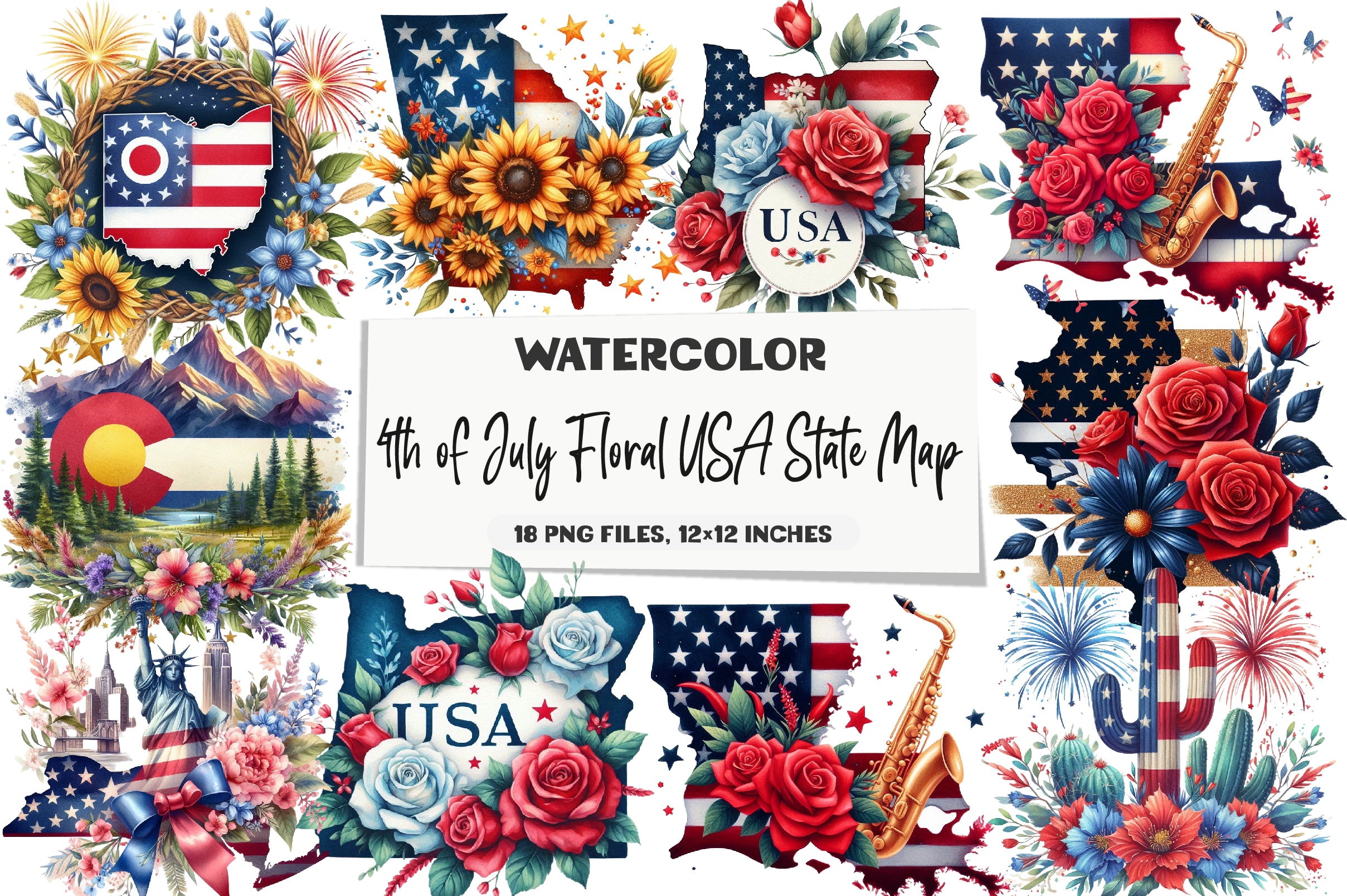 4th of July Floral USA State Map Clipart Bundle