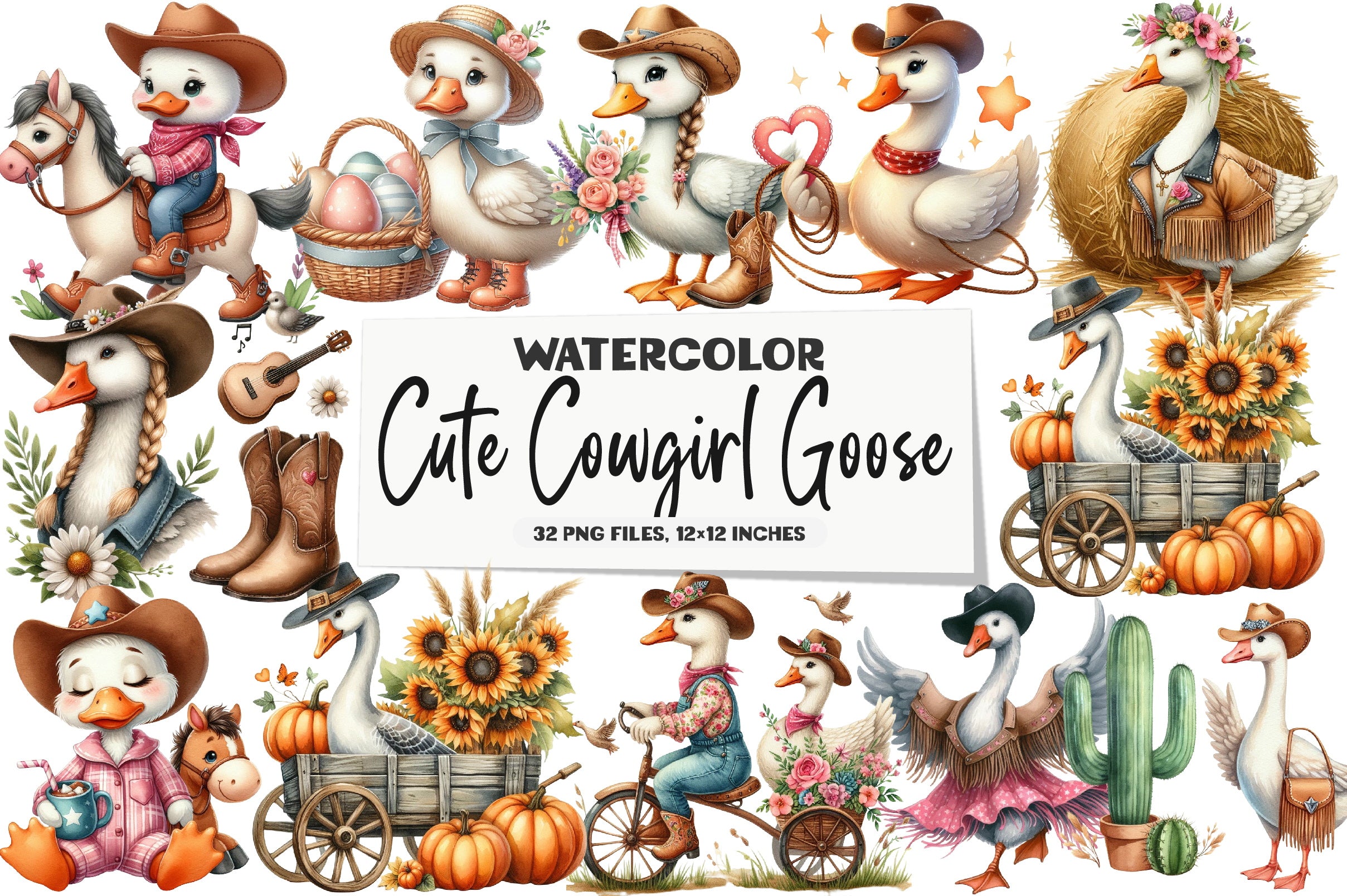 Cute Cowgirl Goose Clipart Bundle