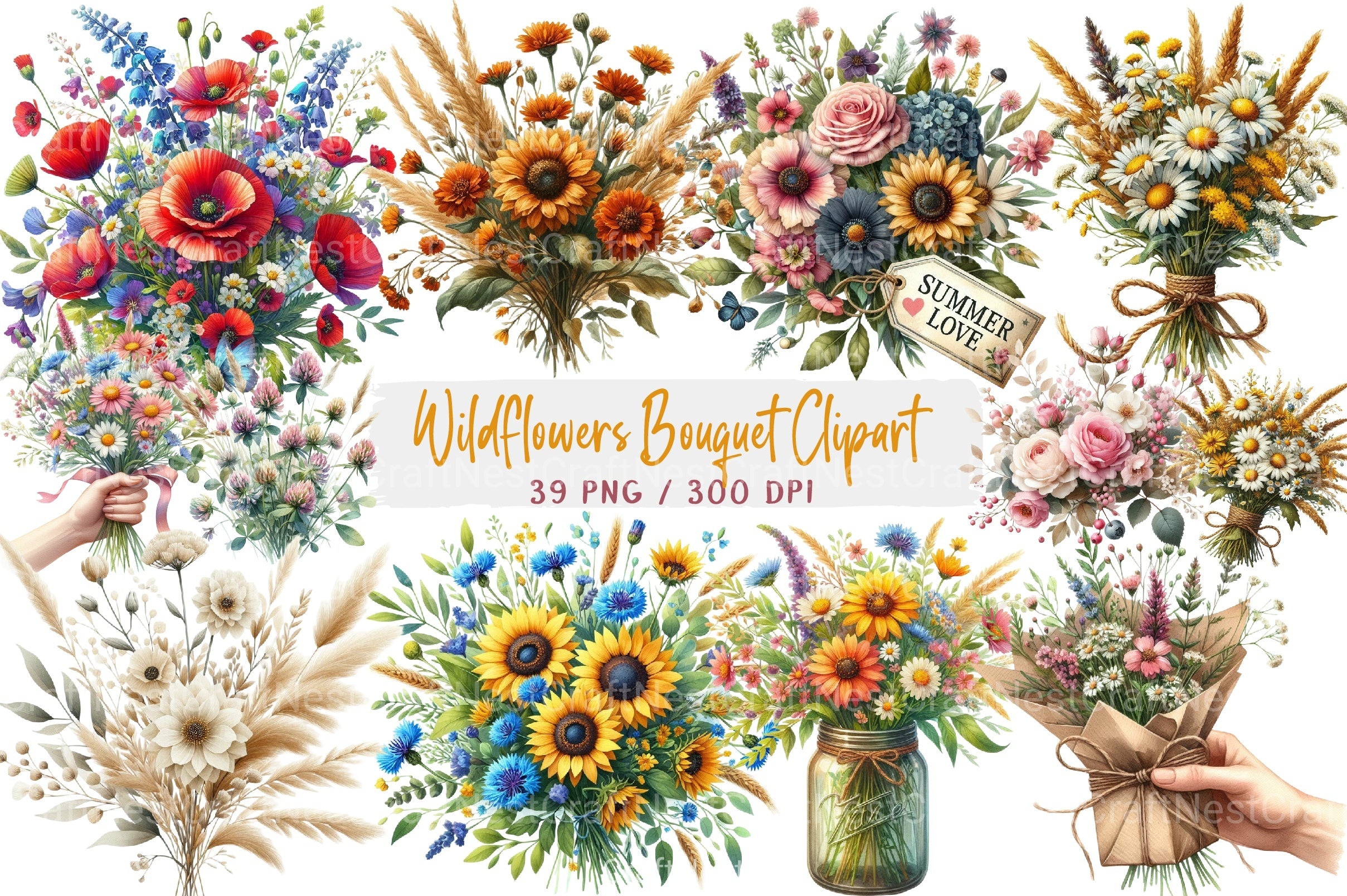 Summer Wildflowers Bouquet Clipart Bundle - CraftNest - Digital Crafting and Art