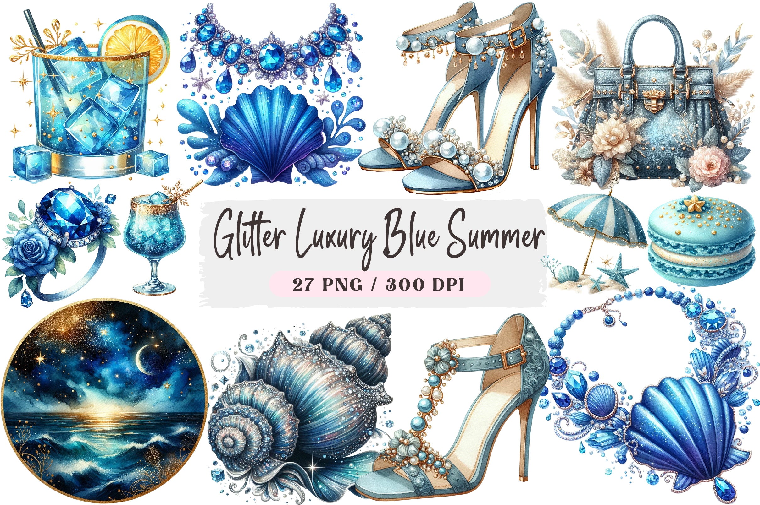 Glitter Luxury Blue Summer Clipart Bundle