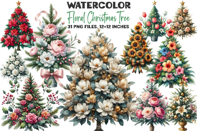 Floral Christmas Tree Clipart Bundle - CraftNest - Digital Crafting and Art