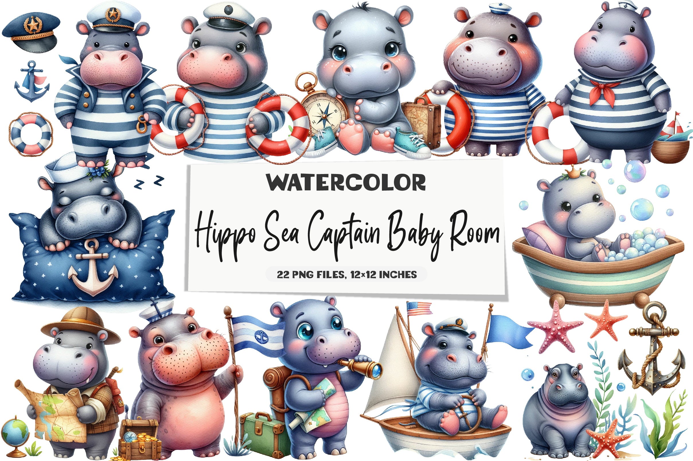 Hippo Sea Captain Baby Room Clipart Bundle