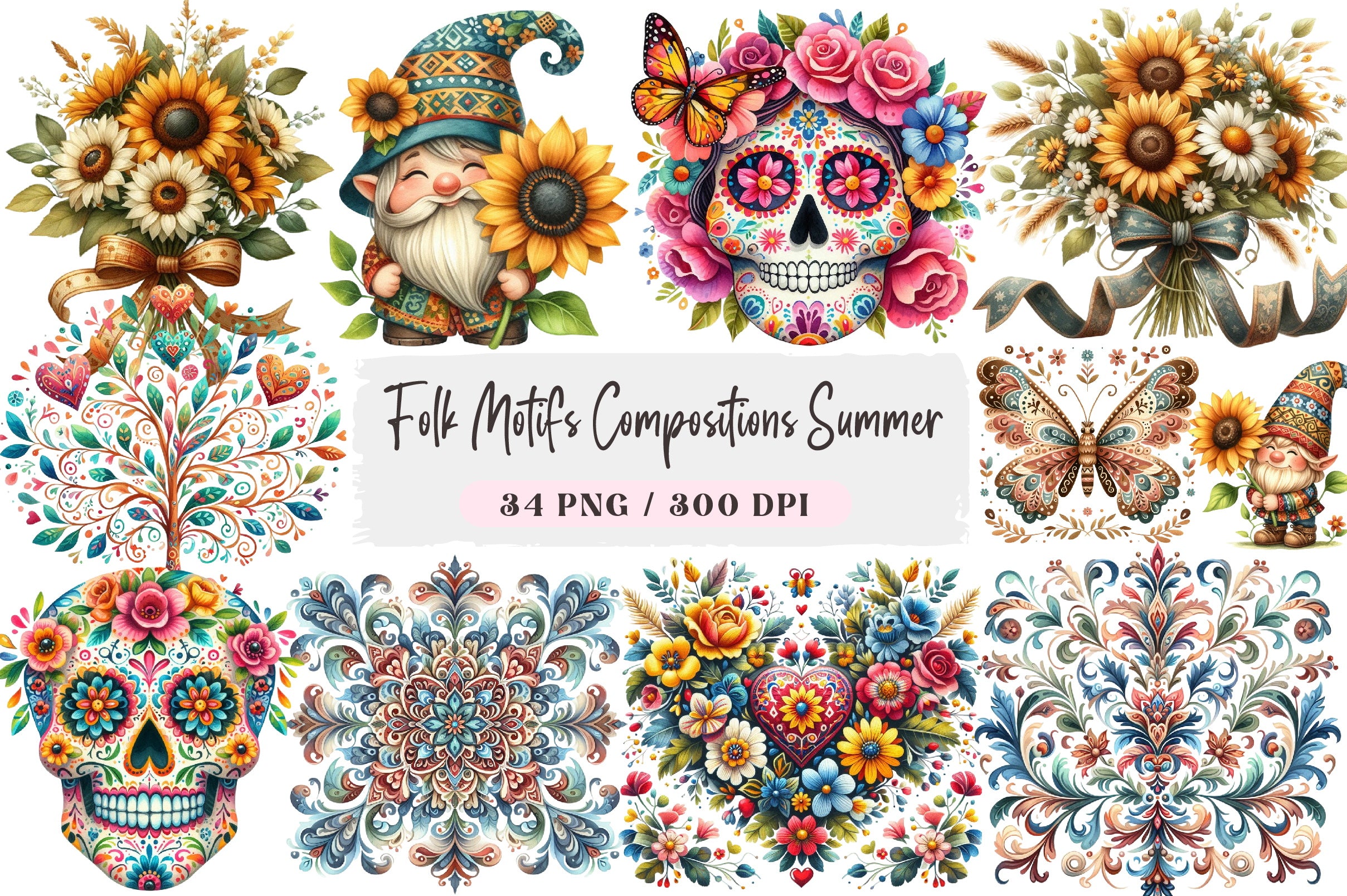Folk Motifs Summer Clipart Bundle