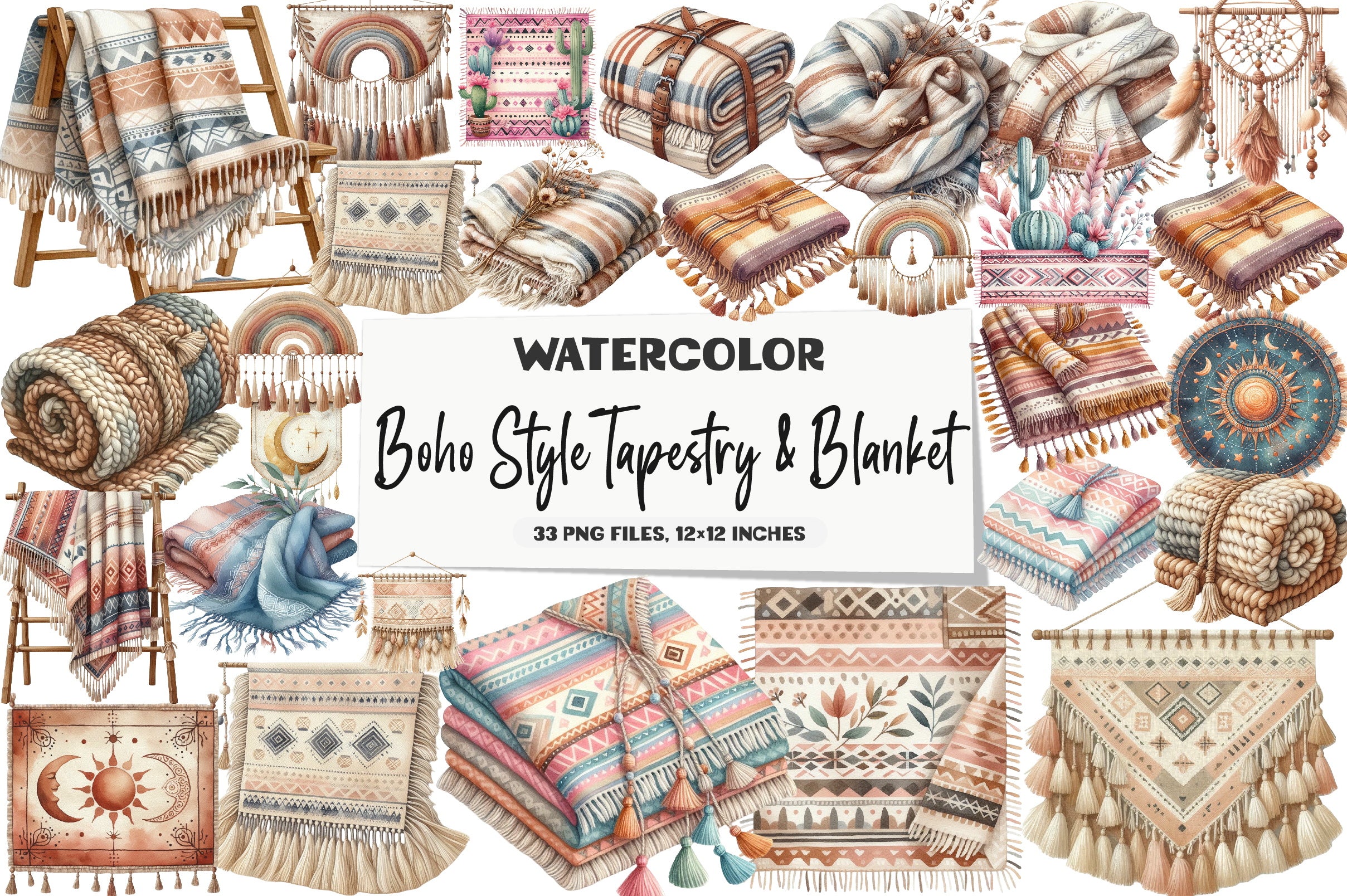 Boho Tapestry & Blanket Clipart Bundle