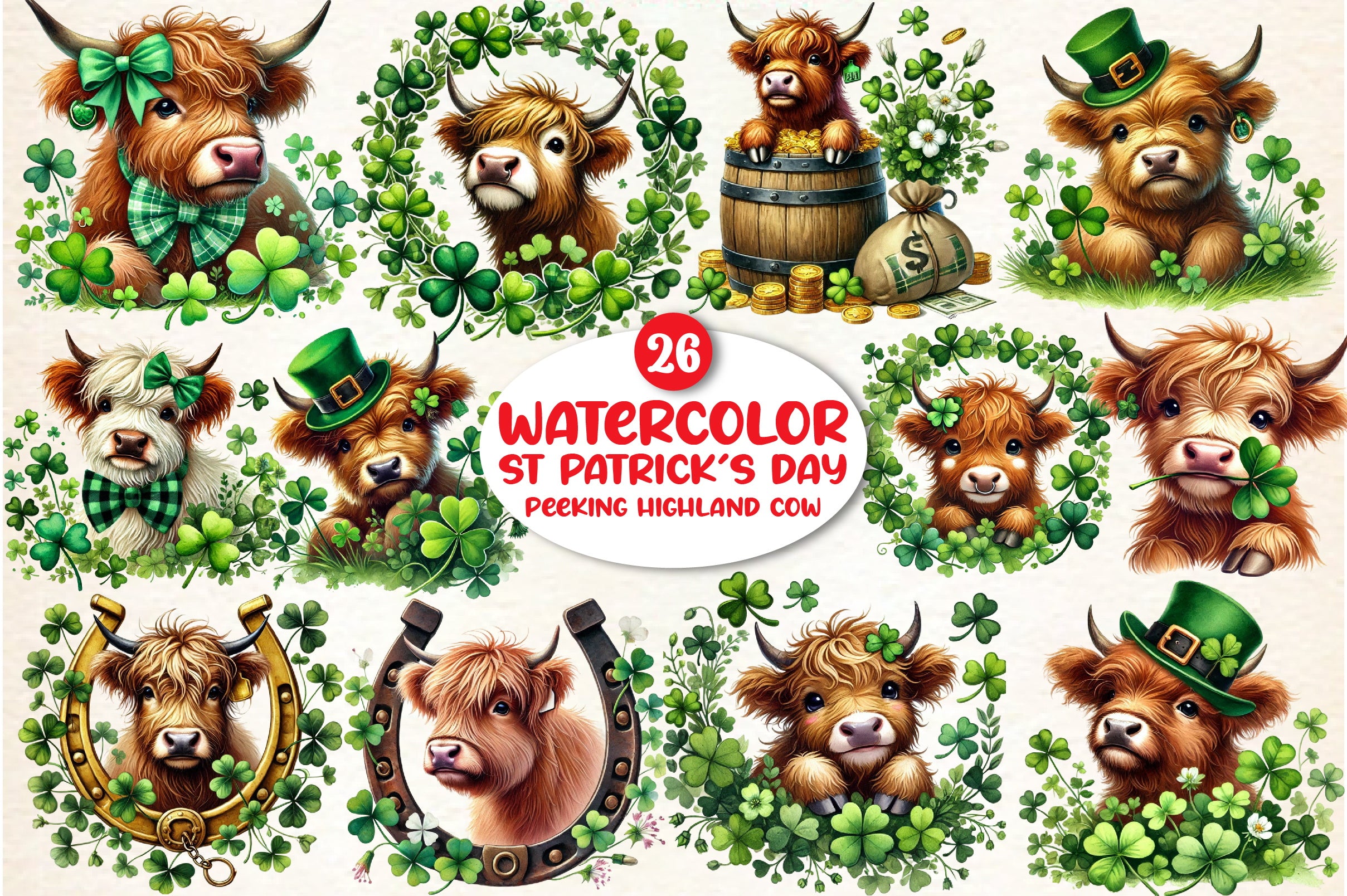 St. Patrick's Day Highland Cow Clipart Bundle