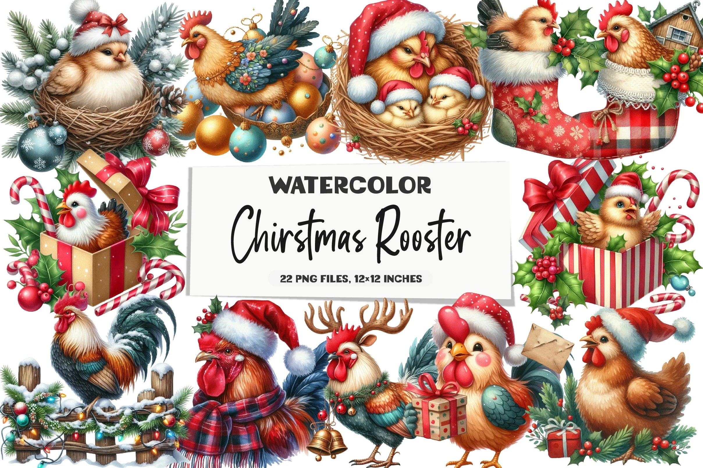 Christmas Rooster and Chicken Clipart Bundle - CraftNest - Digital Crafting and Art