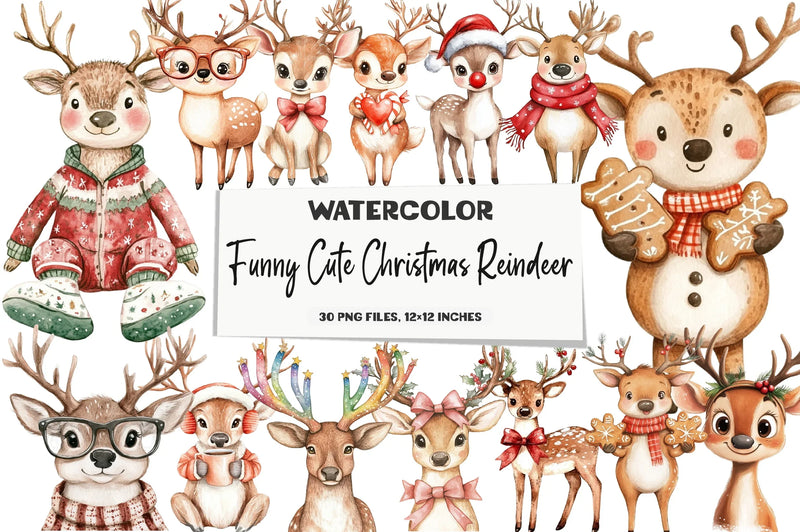Funny Cute Christmas Reindeer Clipart Bundle - CraftNest - Digital Crafting and Art
