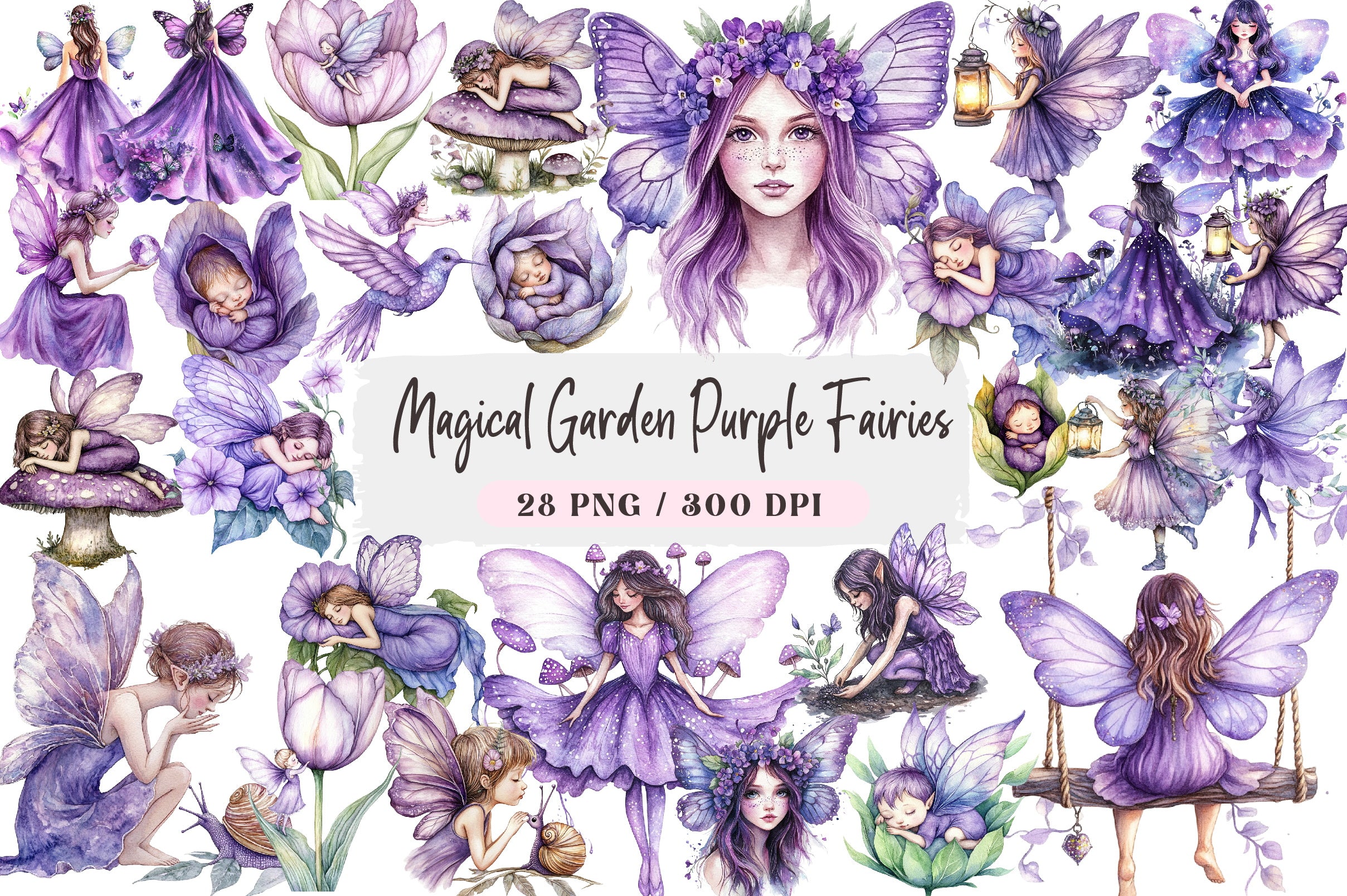 Magical Purple Fairies Clipart Bundle for Gardens