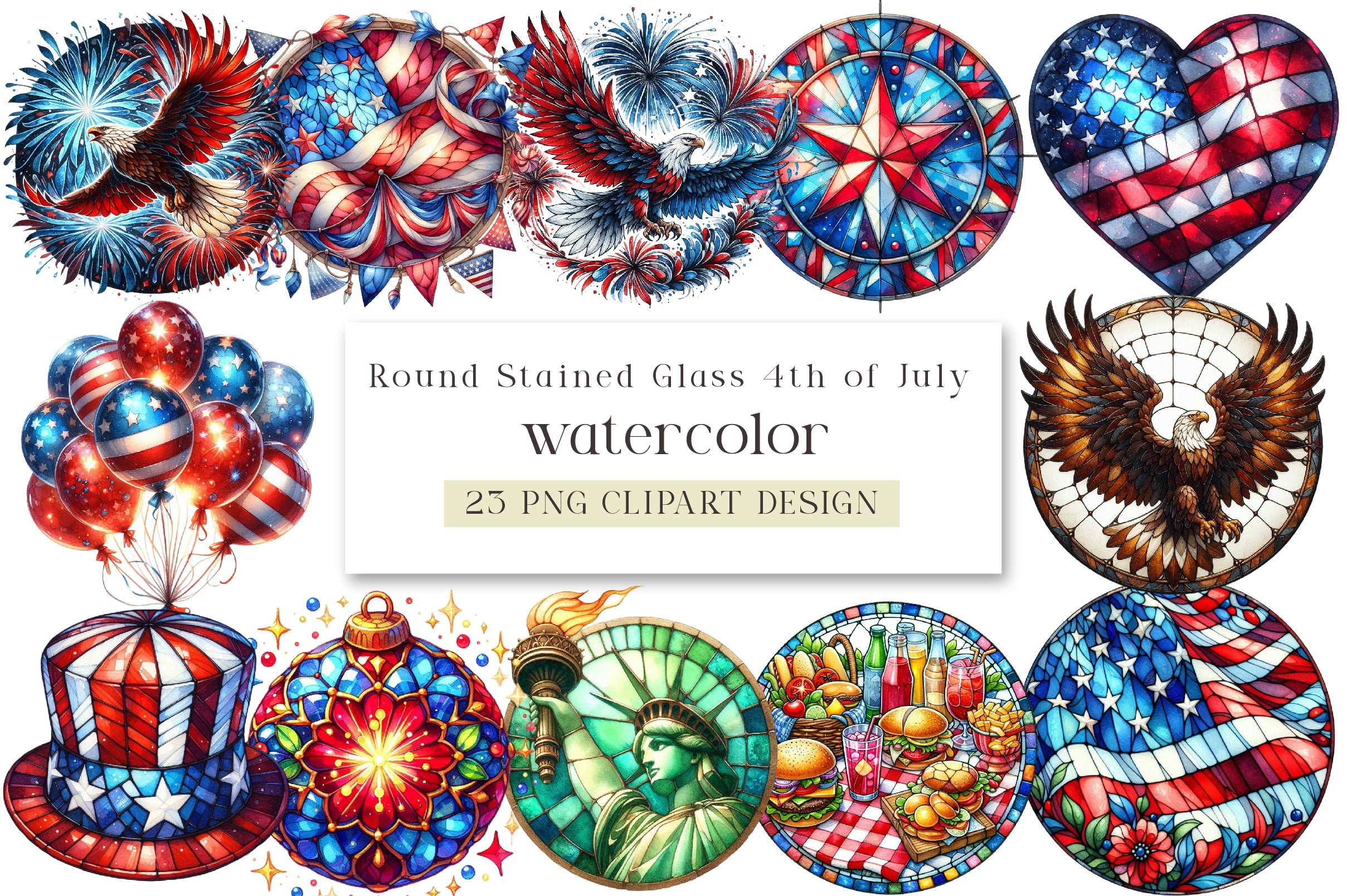 Round Stained Glass 4th of July Clipart Bundle
