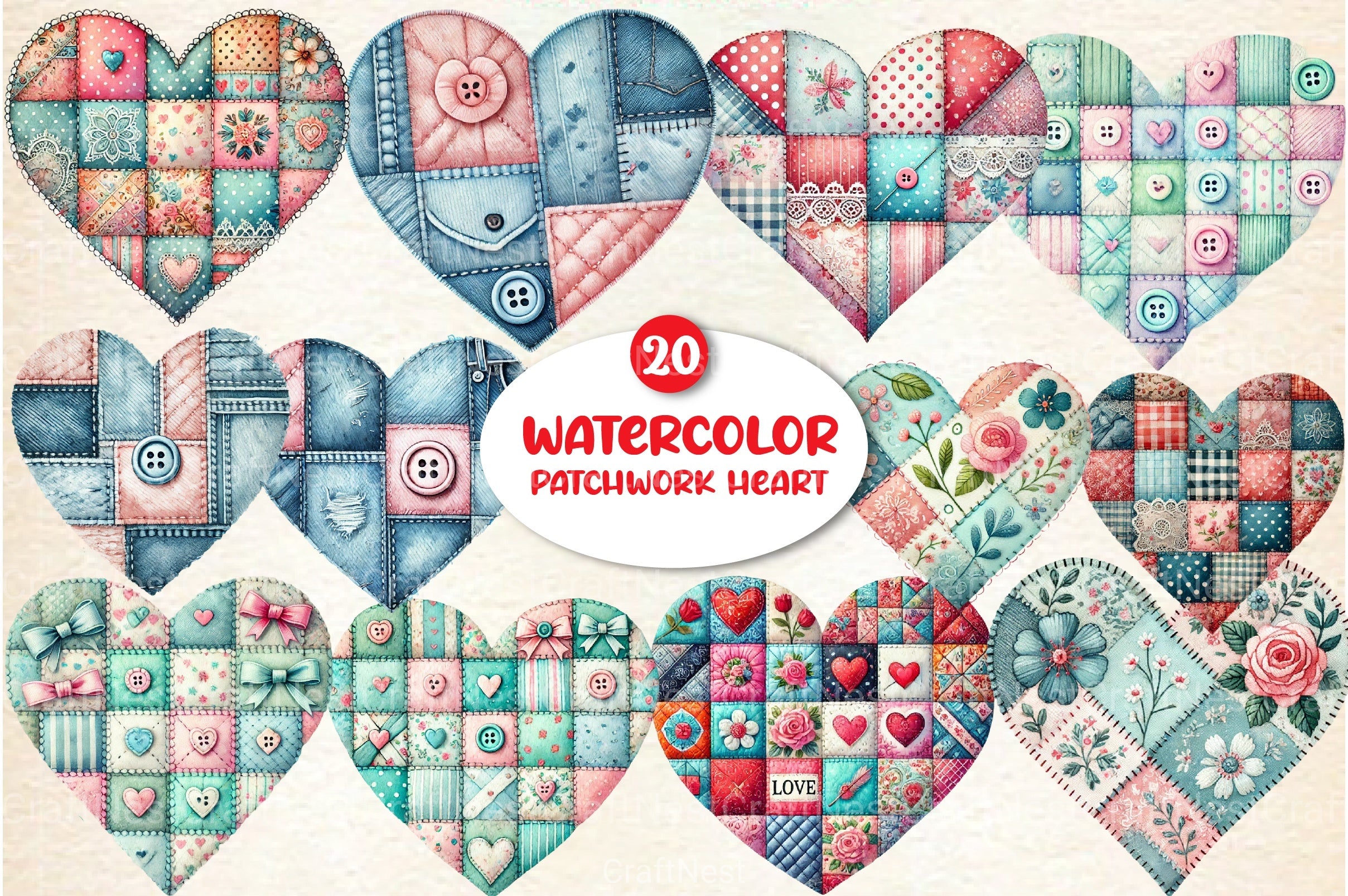 Patchwork Heart Valentine's Day Clipart Bundle 99 - CraftNest - Digital Crafting and Art