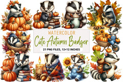 Cute Autumn Badger Clipart Bundle - CraftNest - Digital Crafting and Art
