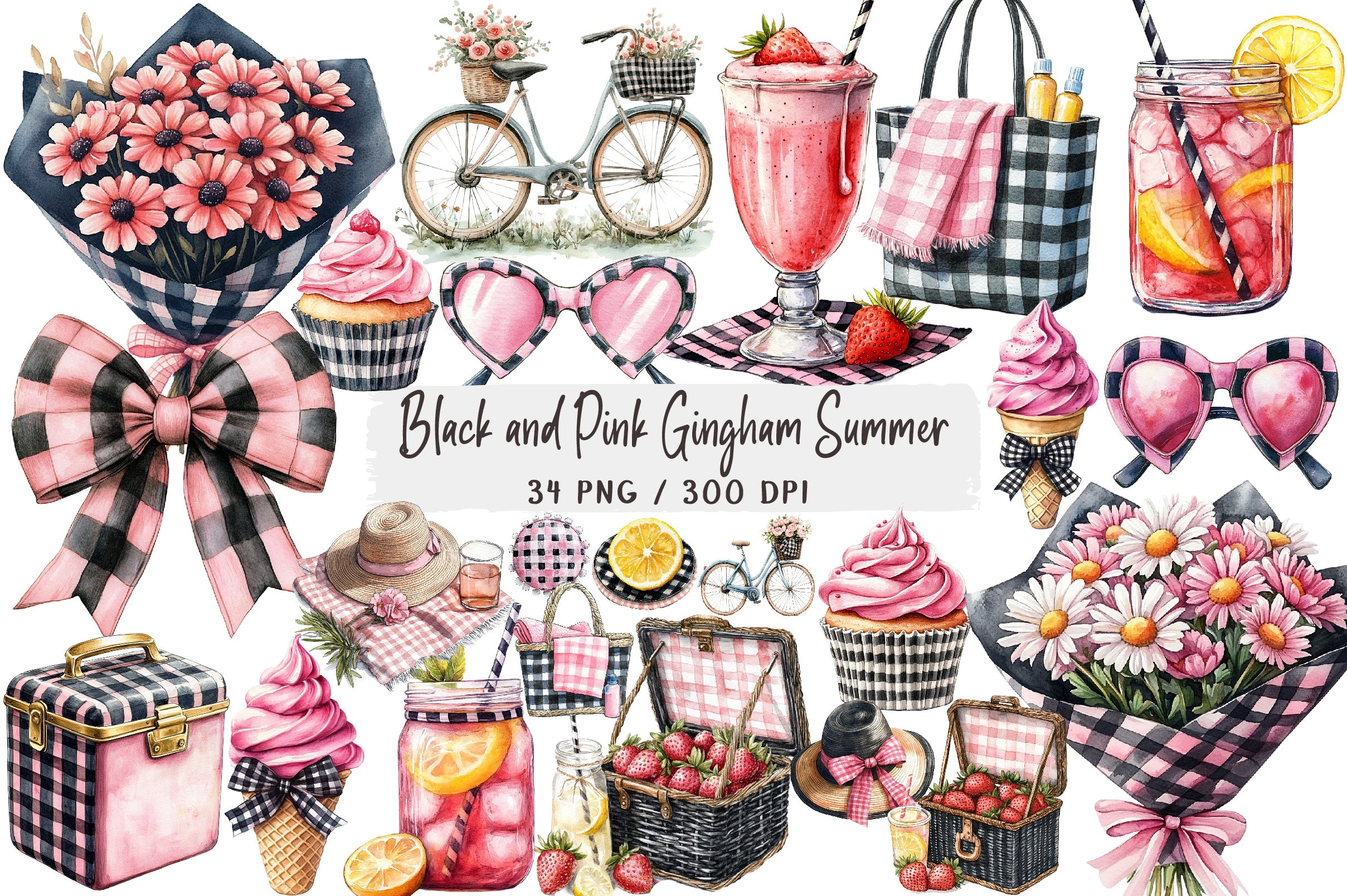 Black and Pink Gingham Summer Clipart Bundle