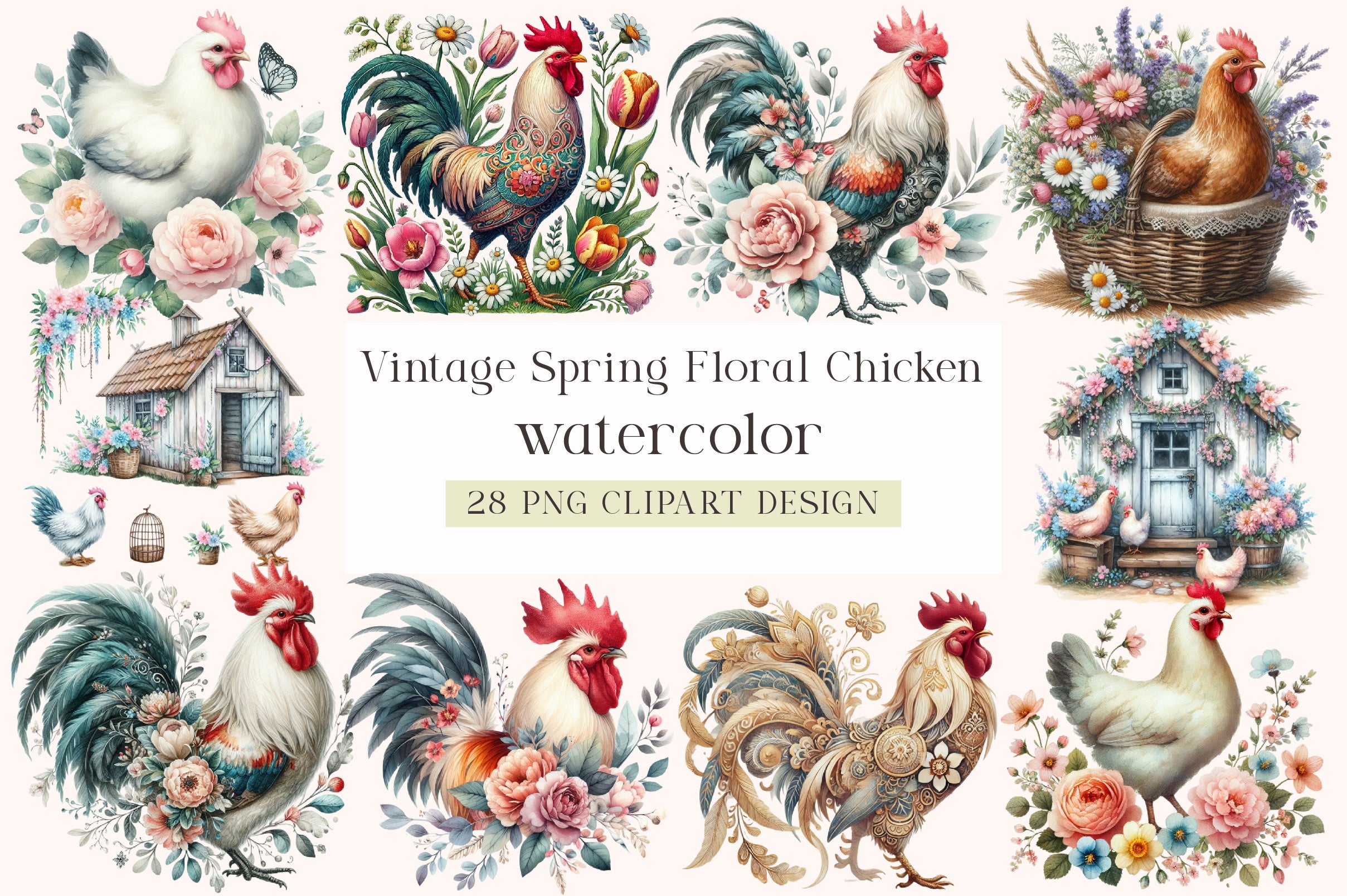 Vintage Spring Floral Chicken Clipart Bundle