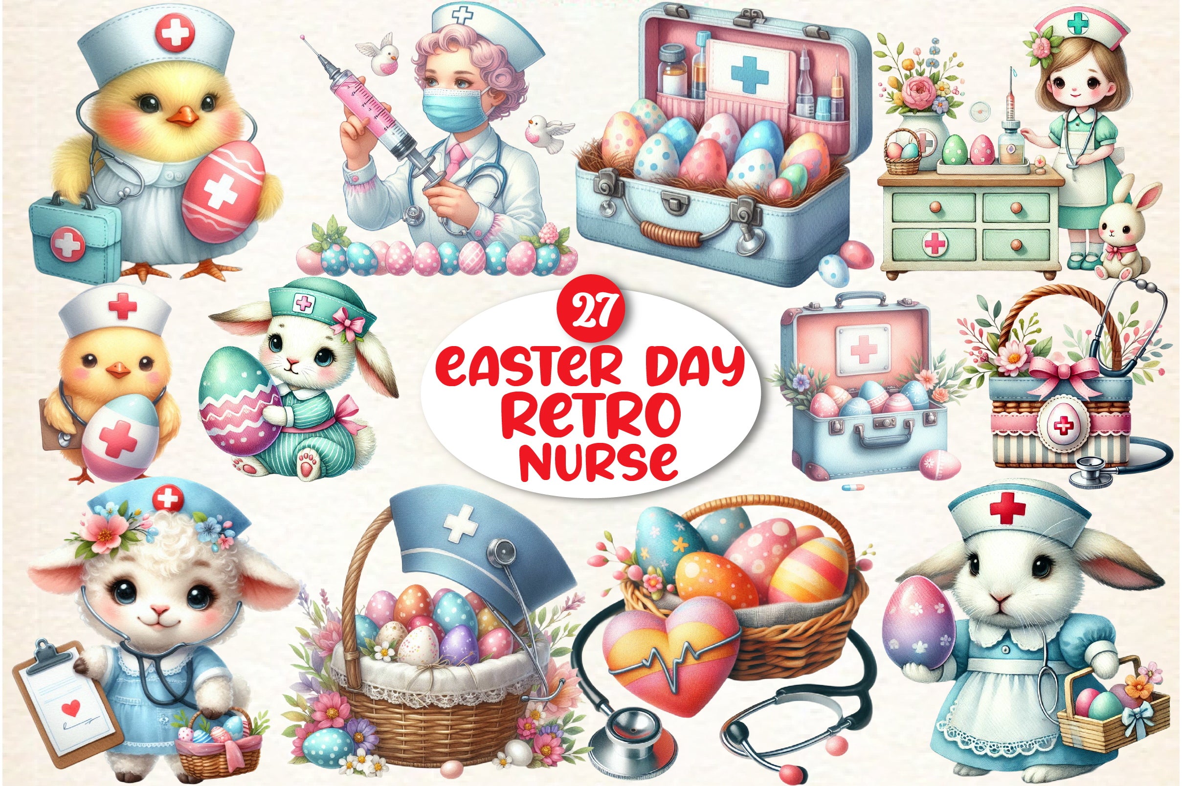 Retro Easter Nurse Clipart Bundle