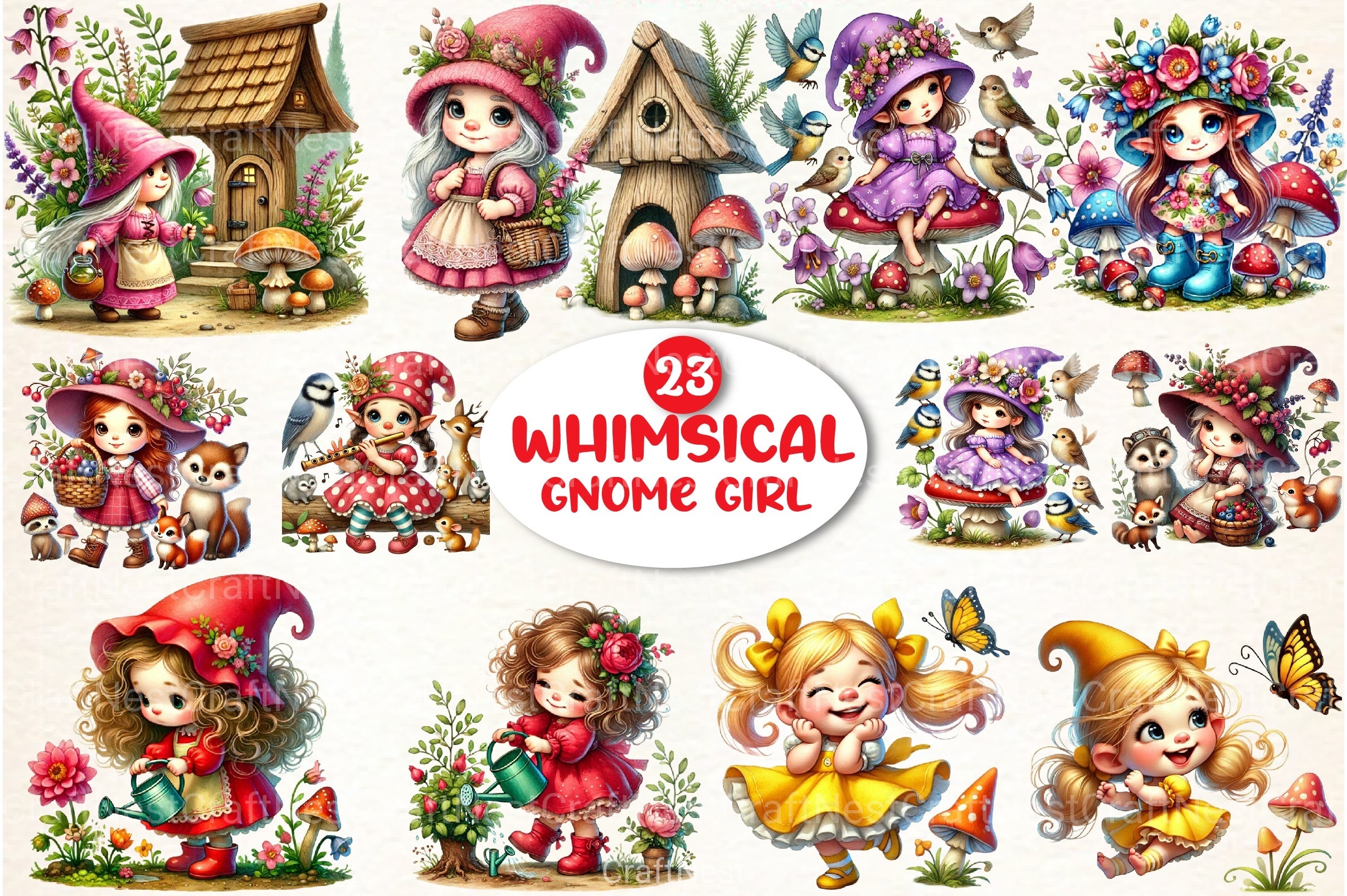 Whimsical Young Gnome Girl Clipart Bundle - CraftNest - Digital Crafting and Art